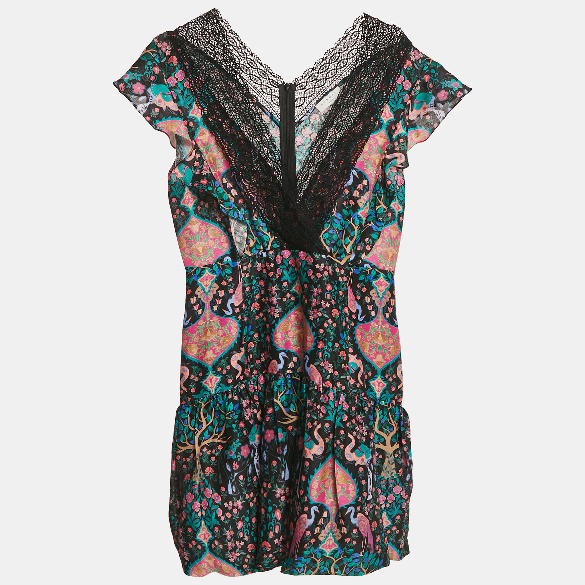 

Sandro Multicolor Printed Ruffled Lace Trim Detail Mini Dress L