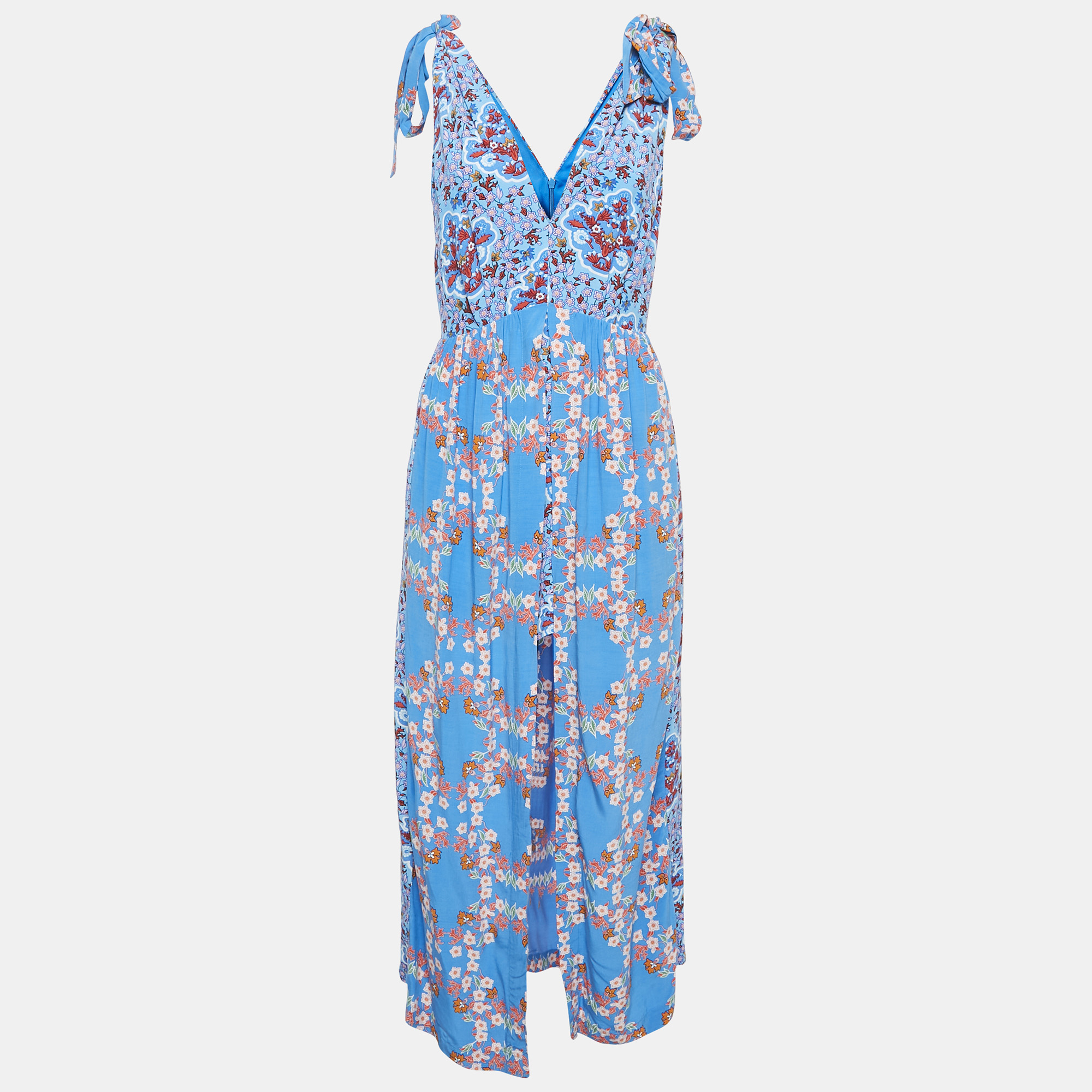 

Sandro Navy Blue Floral Print Crepe Layered Midi Dress M