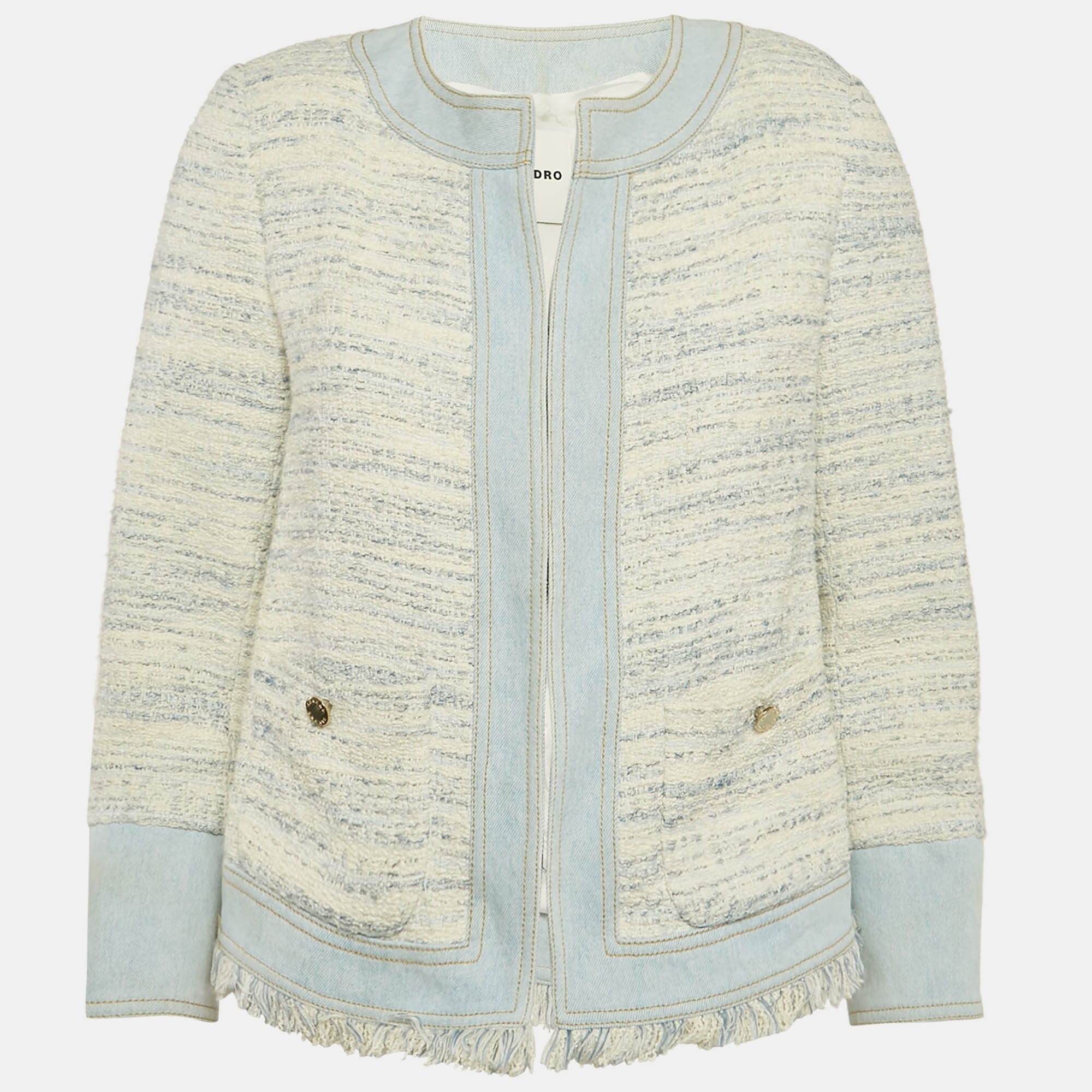 

Sandro Blue & White Tweed & Denim Collarless Jacket S