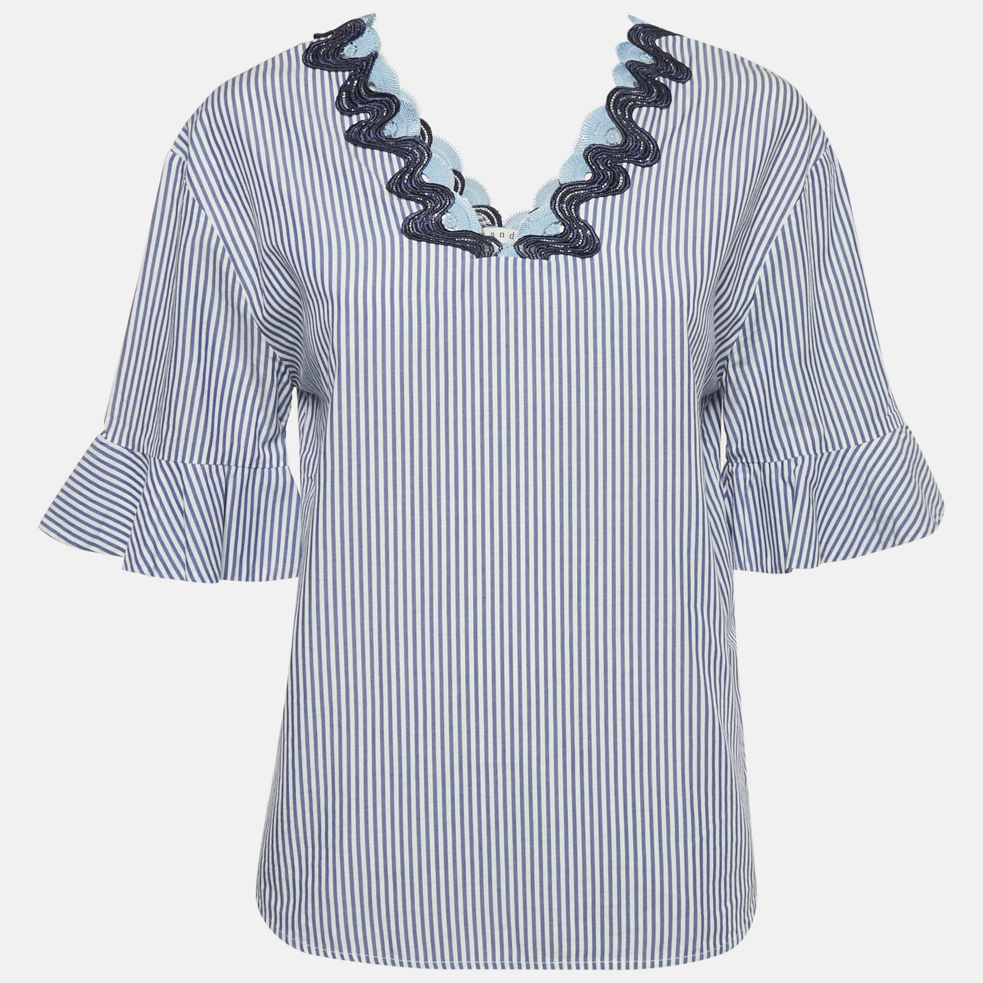 

Sandro Blue Striped Cotton Neck Detail Blouse S