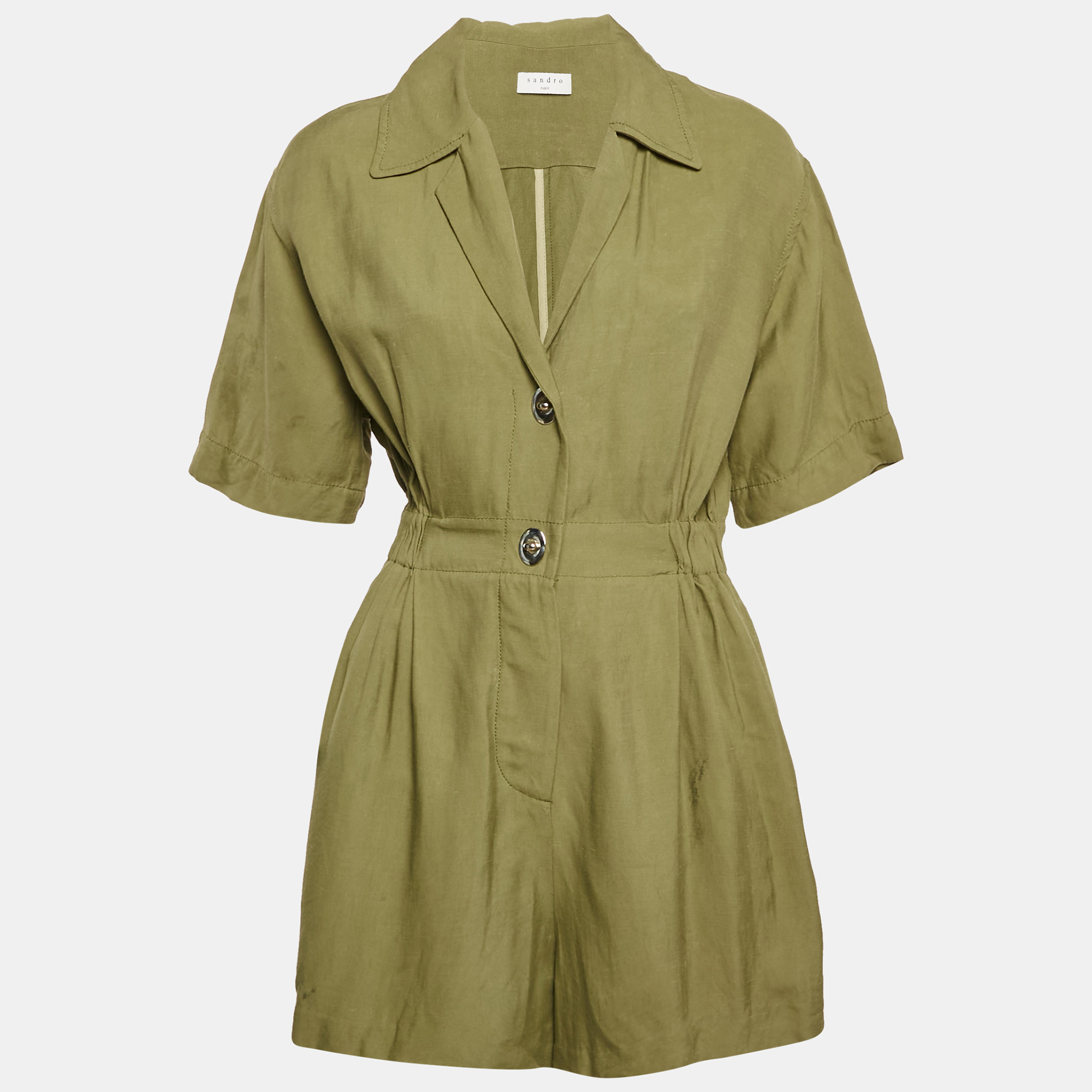 

Sandro Khaki Green Linen Blend Turnlock Button Playsuit S
