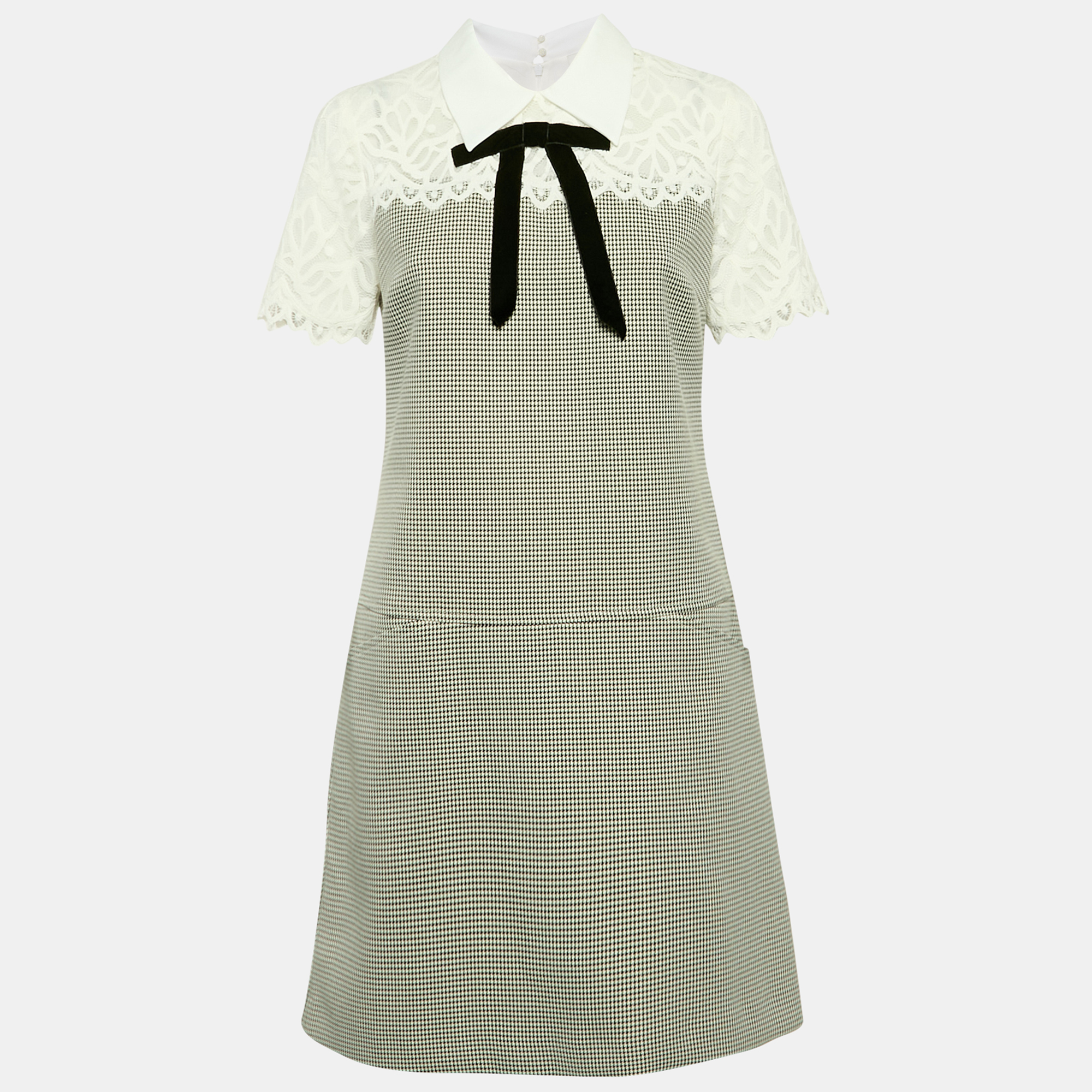 

Sandro Black/White Houndstooth and Lace Emine Mini Dress M