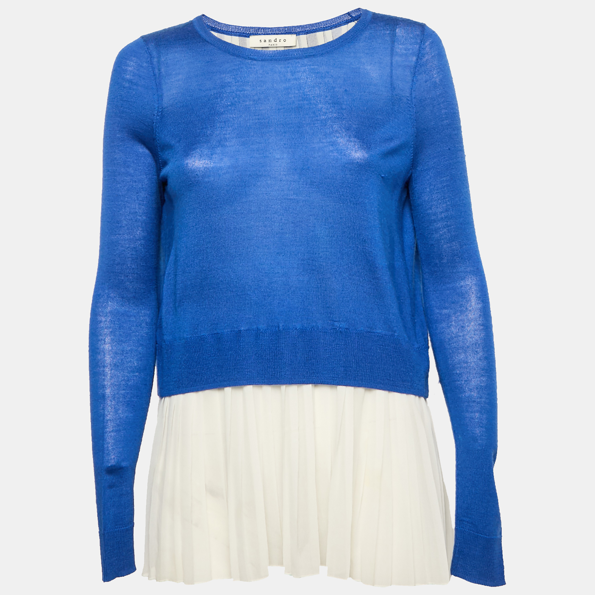 

Sandro Blue/White Wool Knit and Chiffon Pleated Top S