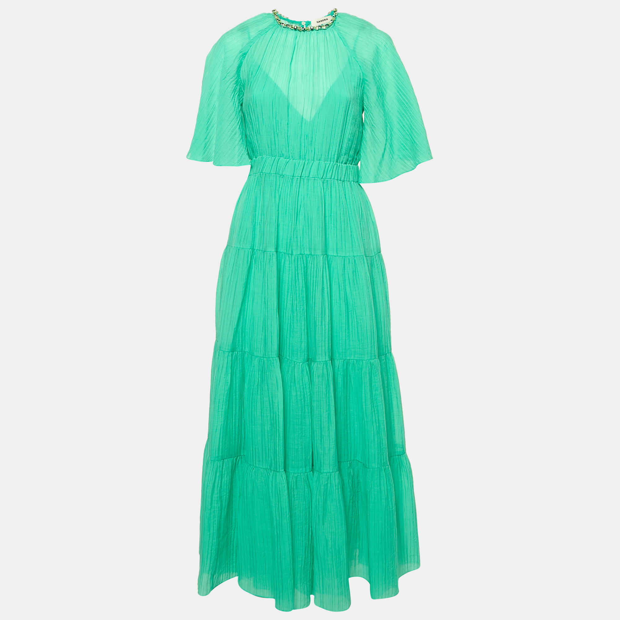 

Sandro Green Lyocell Crystal Detail Tiered Long Dress S