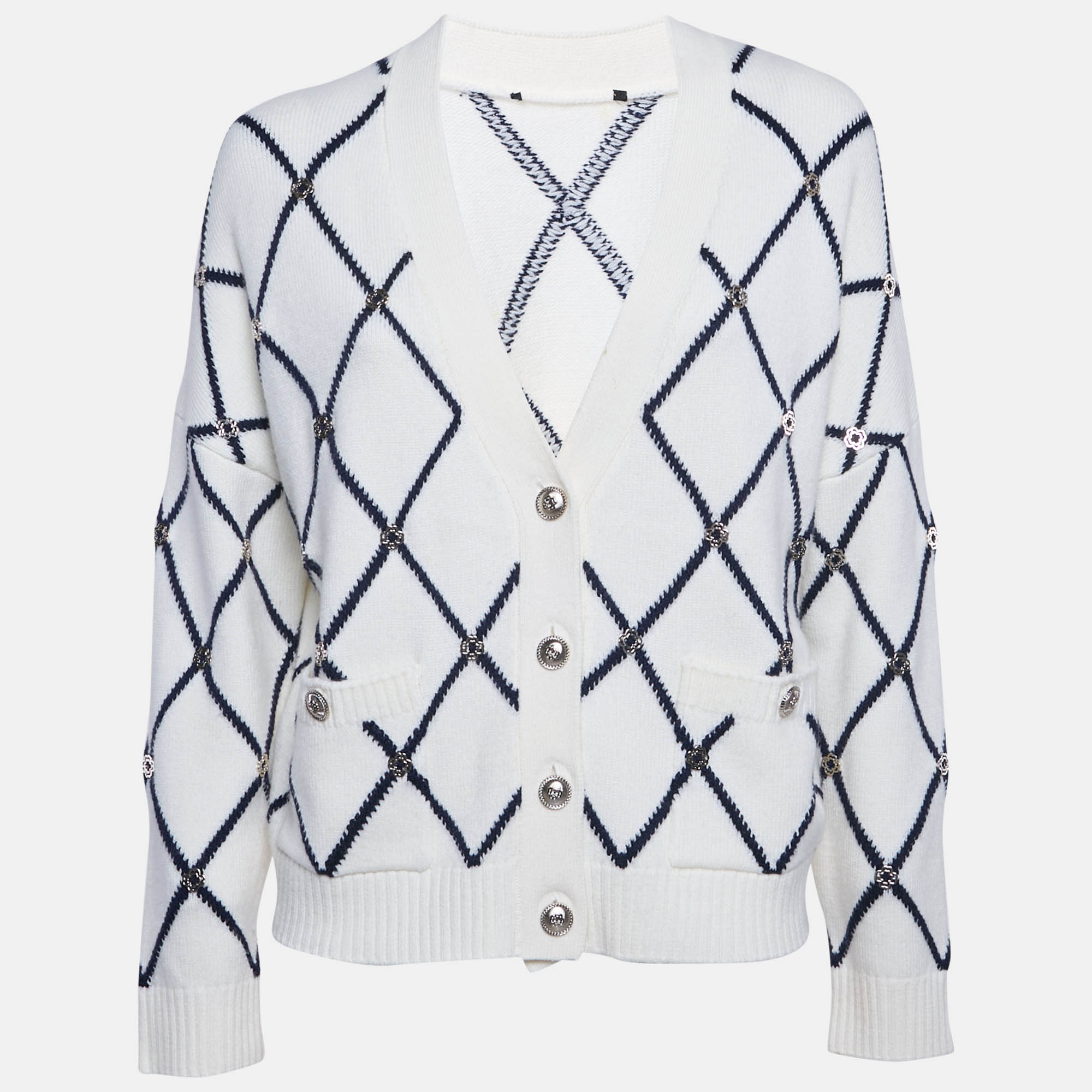 

Sandro White Diamond Knit Metal Embellished Cardigan M