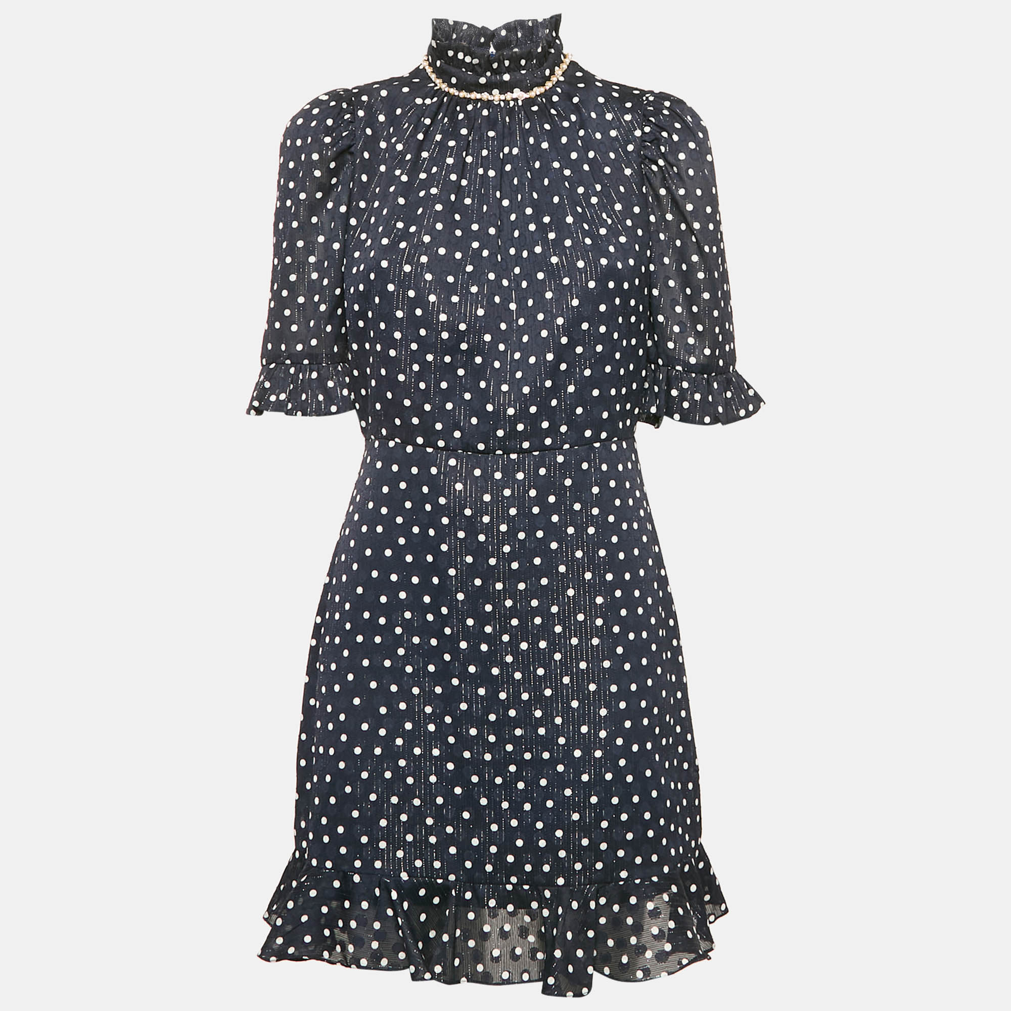 

Sandro Navy Blue Polka Dot Print Lurex Crepe Neck Embellish Detail Mini Dress M