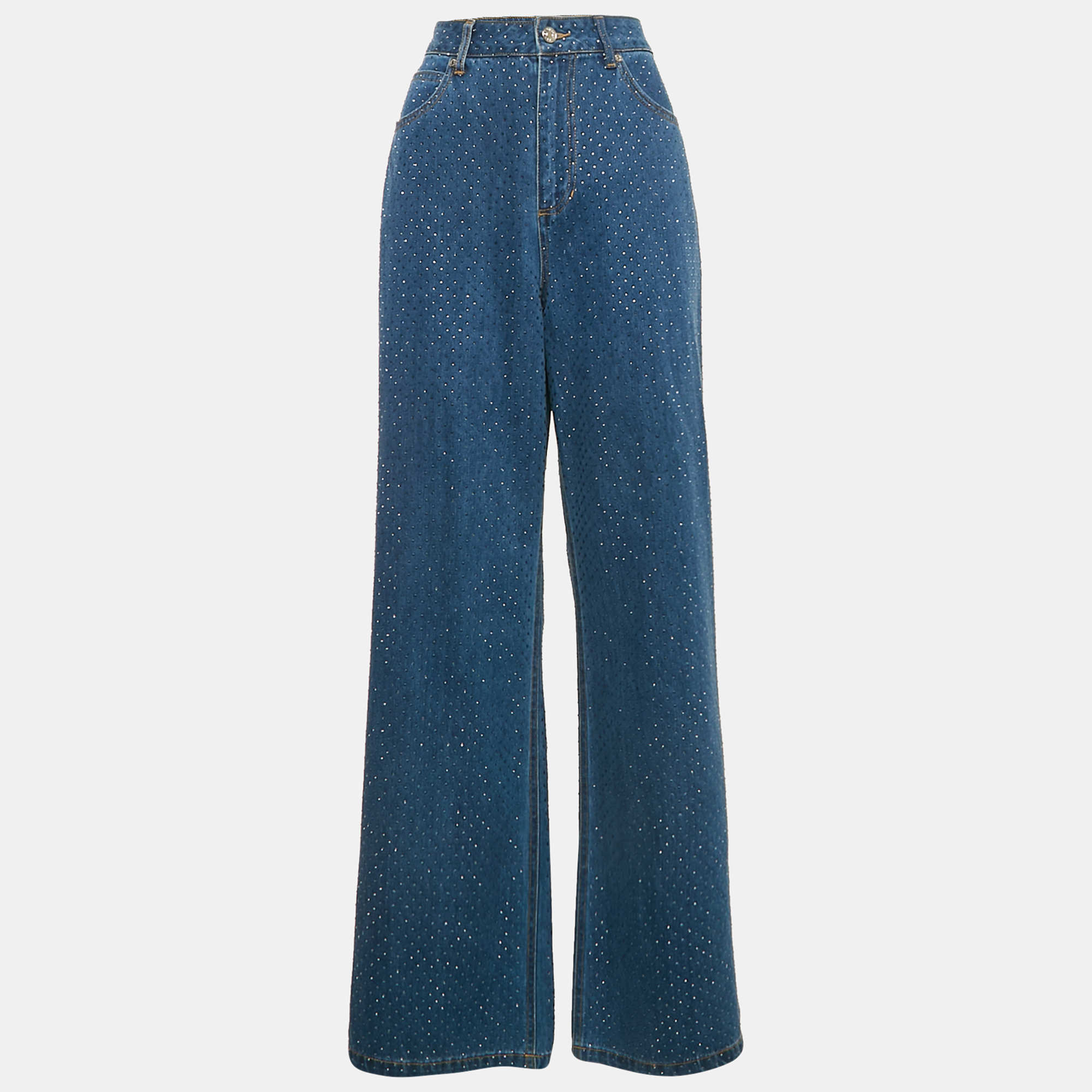 

Sandro Blue Studded Denim Wide Leg Jeans S Waist 28"