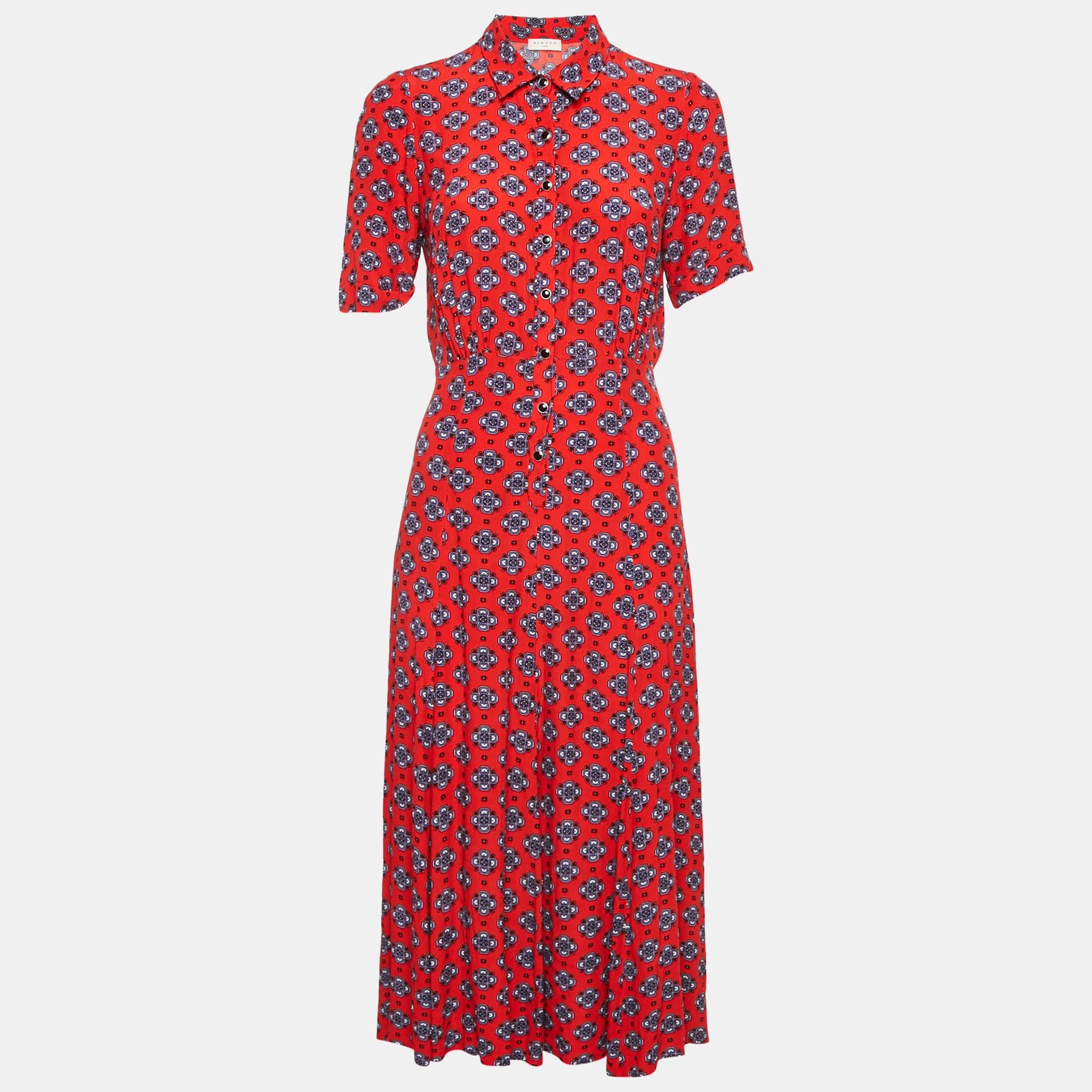 

Sandro Red Printed Crepe Pleated Midi Dress S