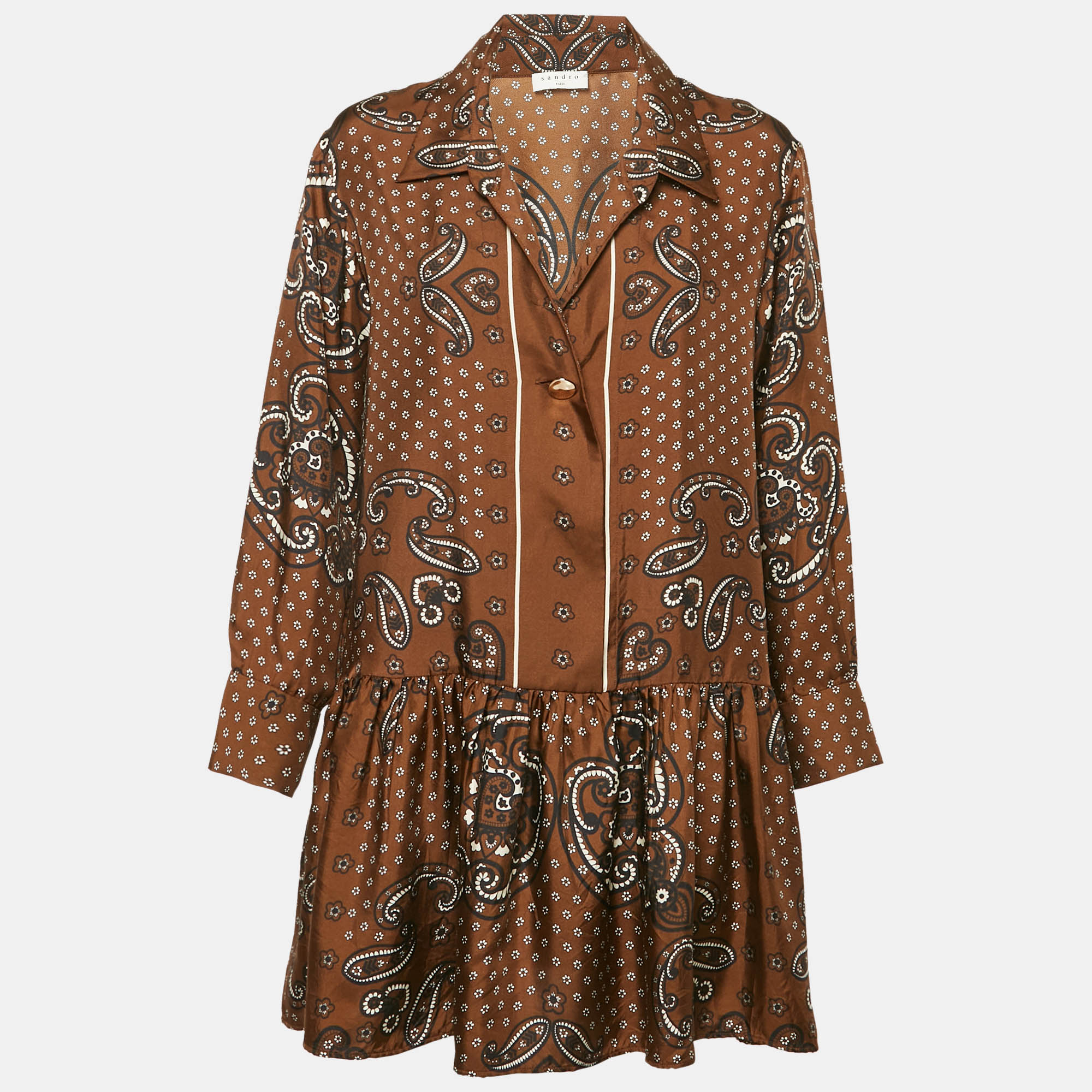 

Sandro Brown Bandana Print Silk Gathered Mini Dress M