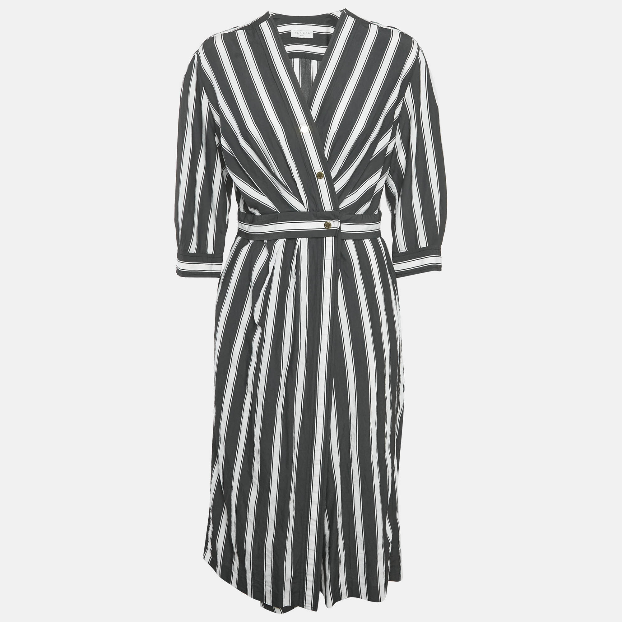 

Sandro Black/White Stripe Viscose Wrap Midi Dress M