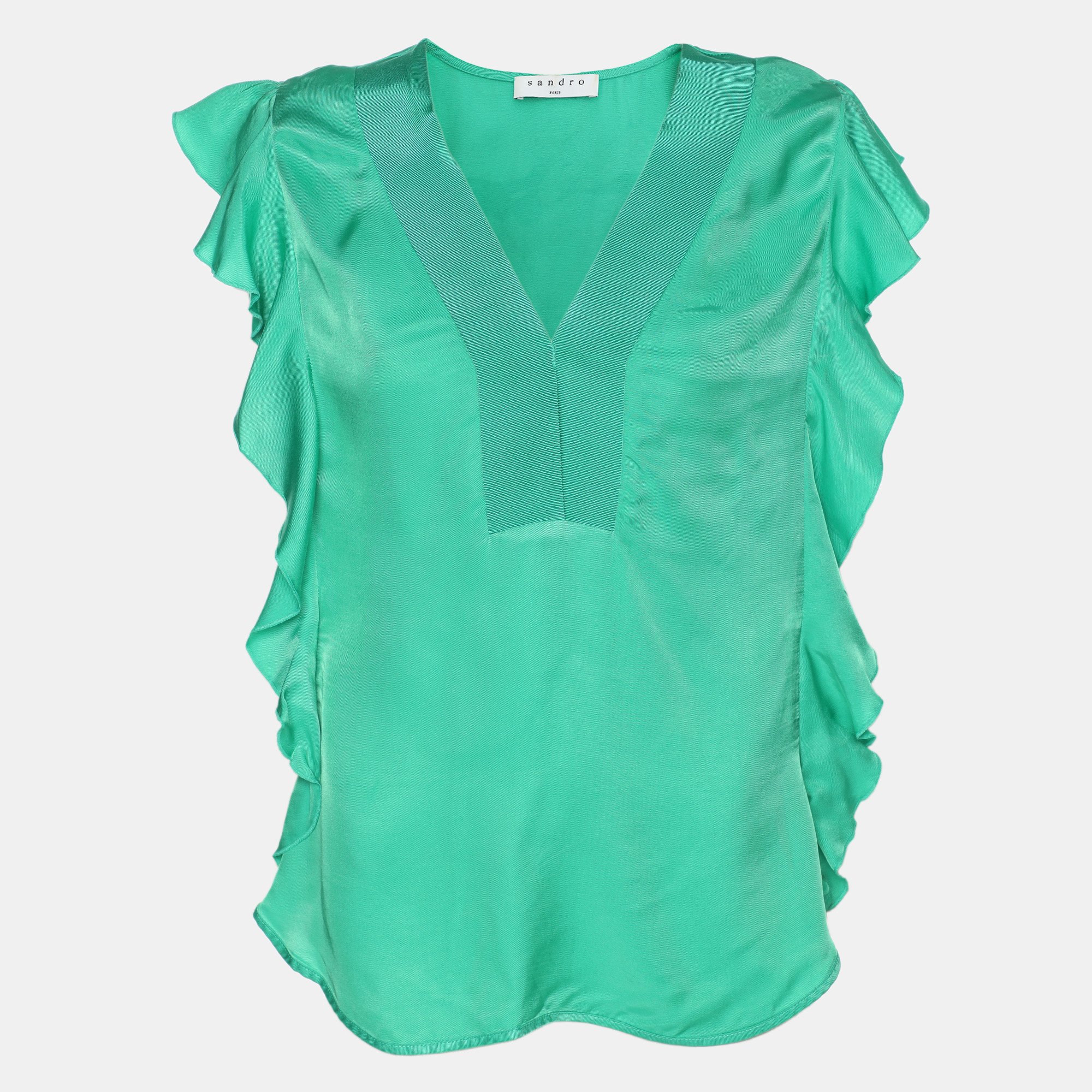 

Sandro Green Crepe Viscose Ruffled Detail Top L