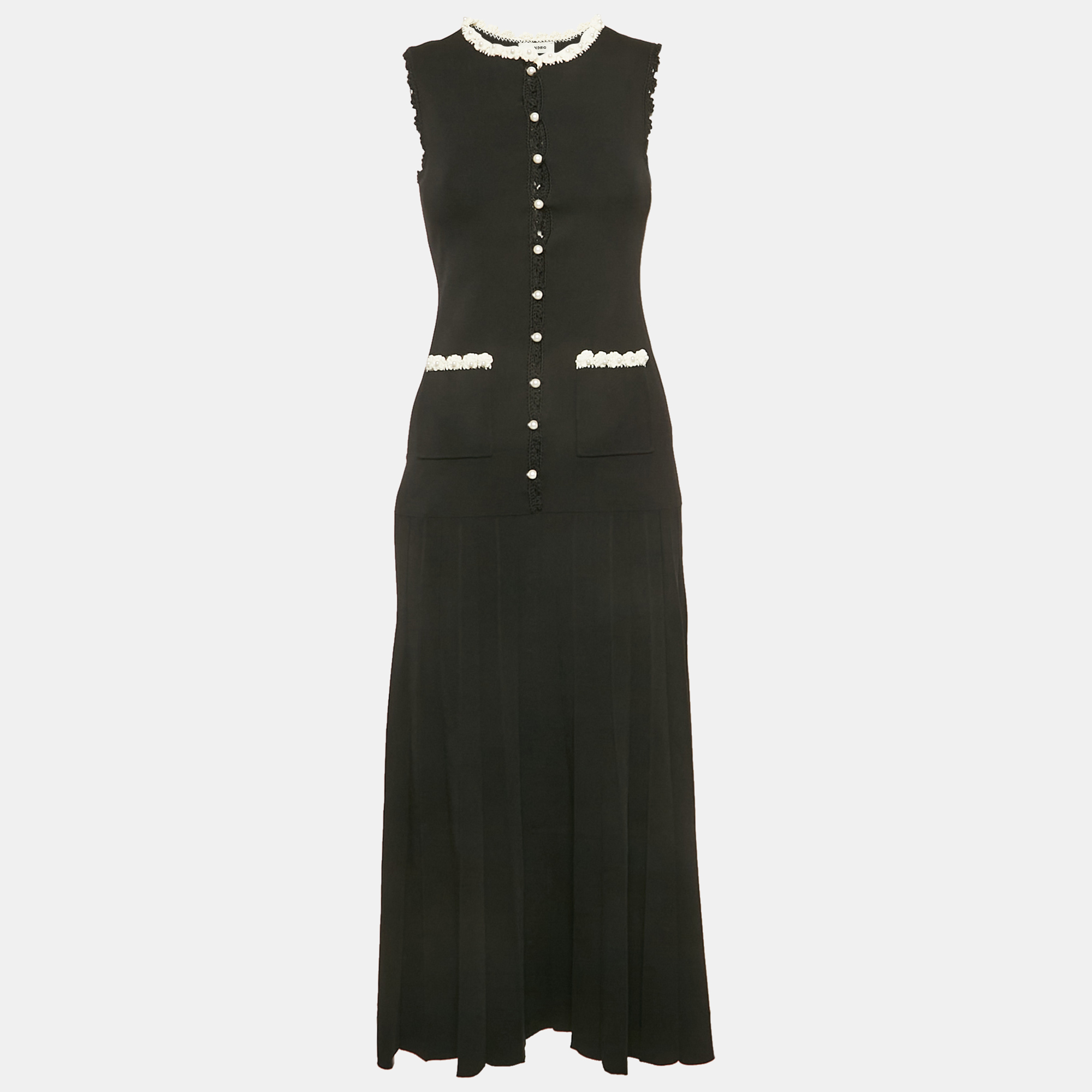 

Sandro Black Crochet Trim Pleated Knit Long Dress S