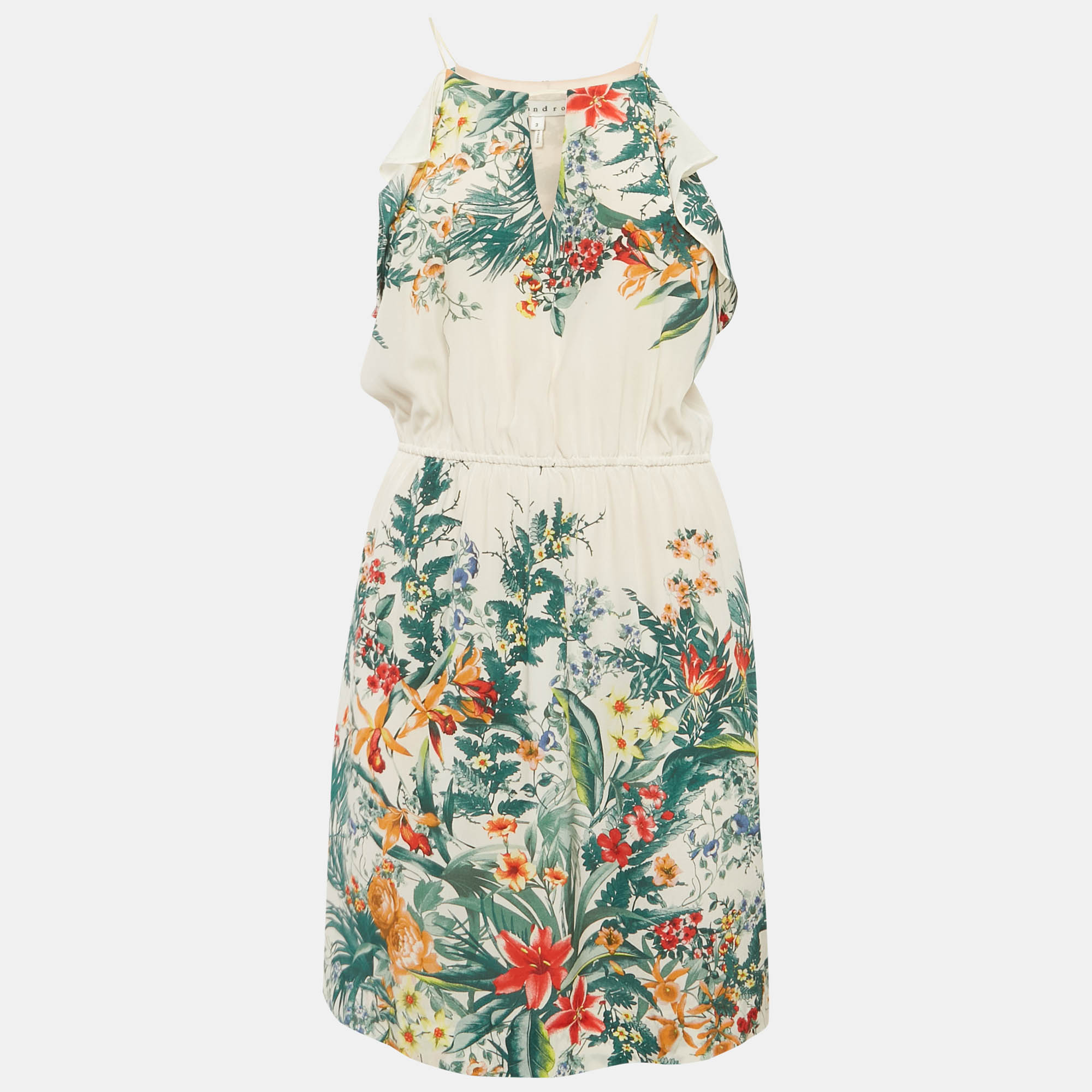 

Sandro Green Floral Print Silk Ruffled Mini Dress L