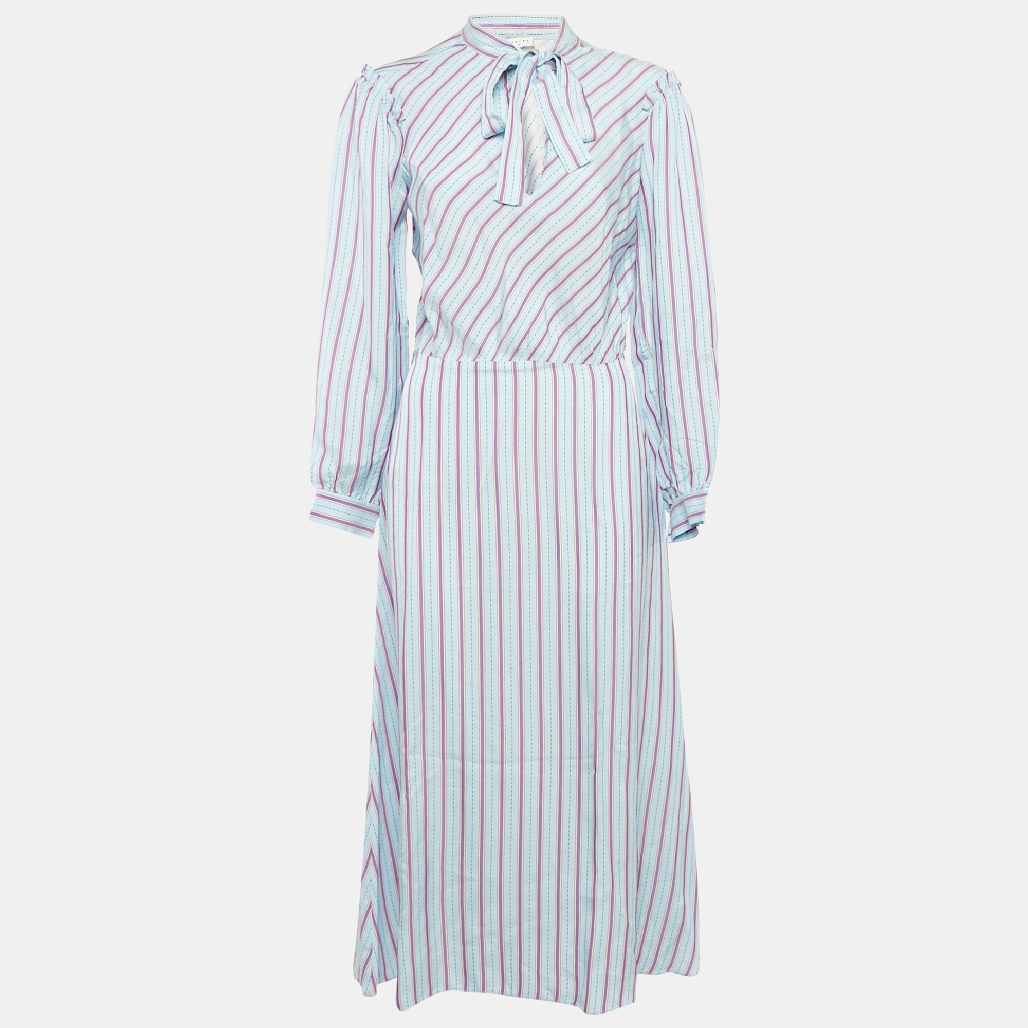 

Sandro Blue Striped Sateen Tame Midi Dress M