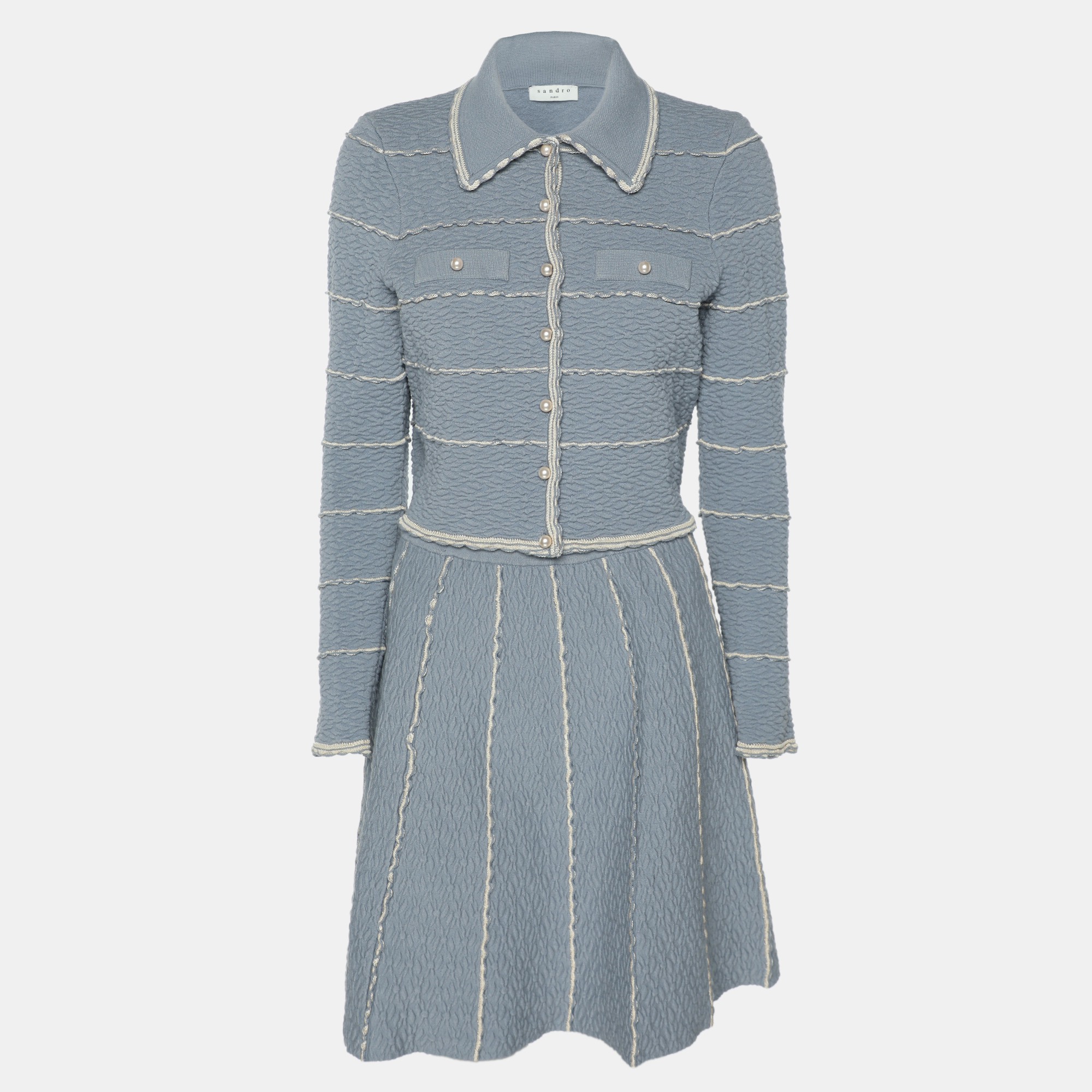 

Sandro Blue Textured Stripe Stretch Knit Cardigan and Skirt Set S