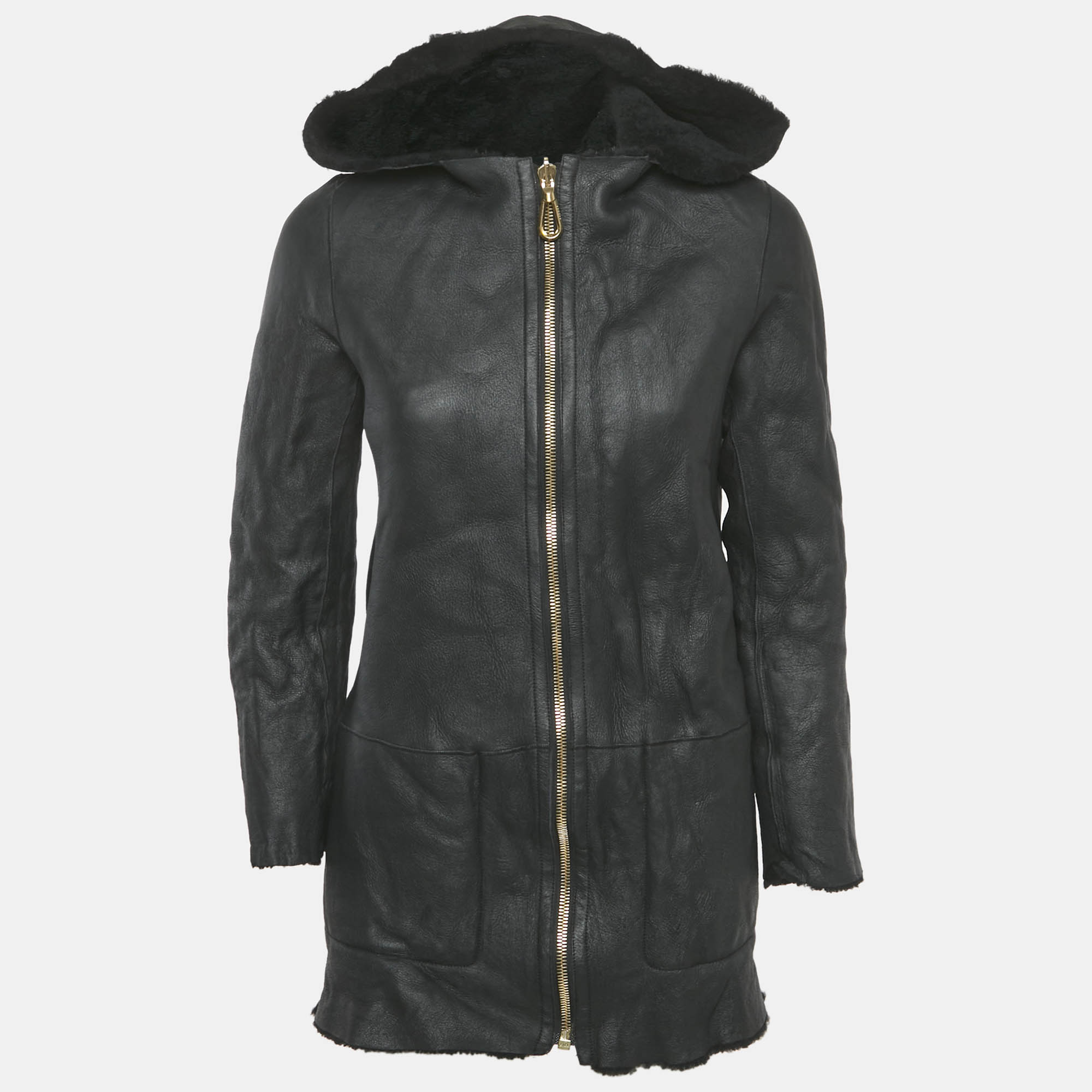 

Sandro Black Shearling & Leather Reversible Hooded Jacket S