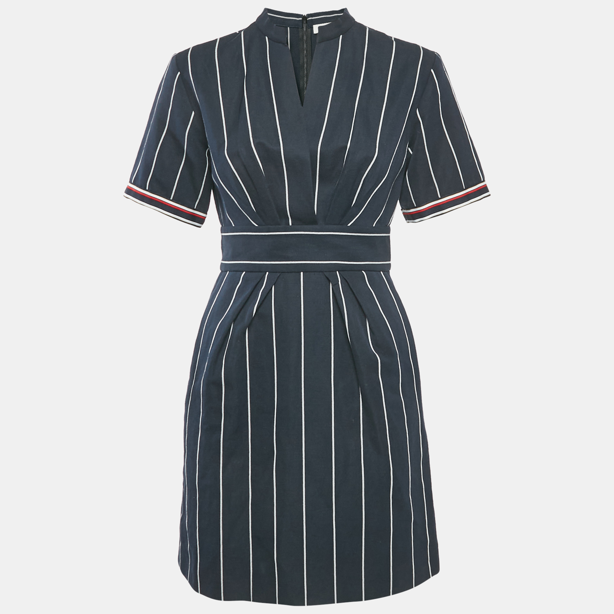 

Sandro Navy Blue Striped Cotton & Linen Pleated Detail Mini Dress S