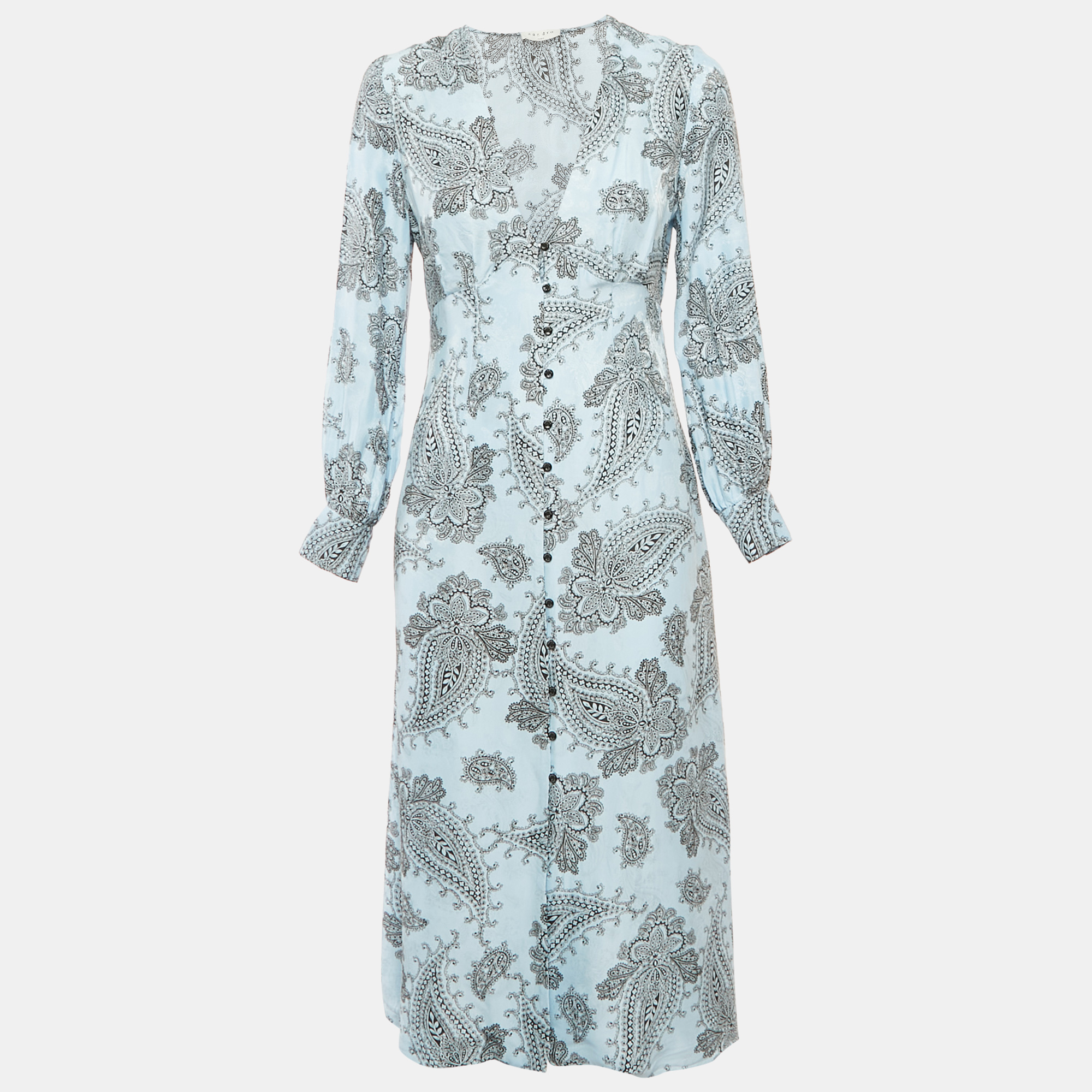 

Sandro Blue Printed Sateen V-Neck Midi Dress M