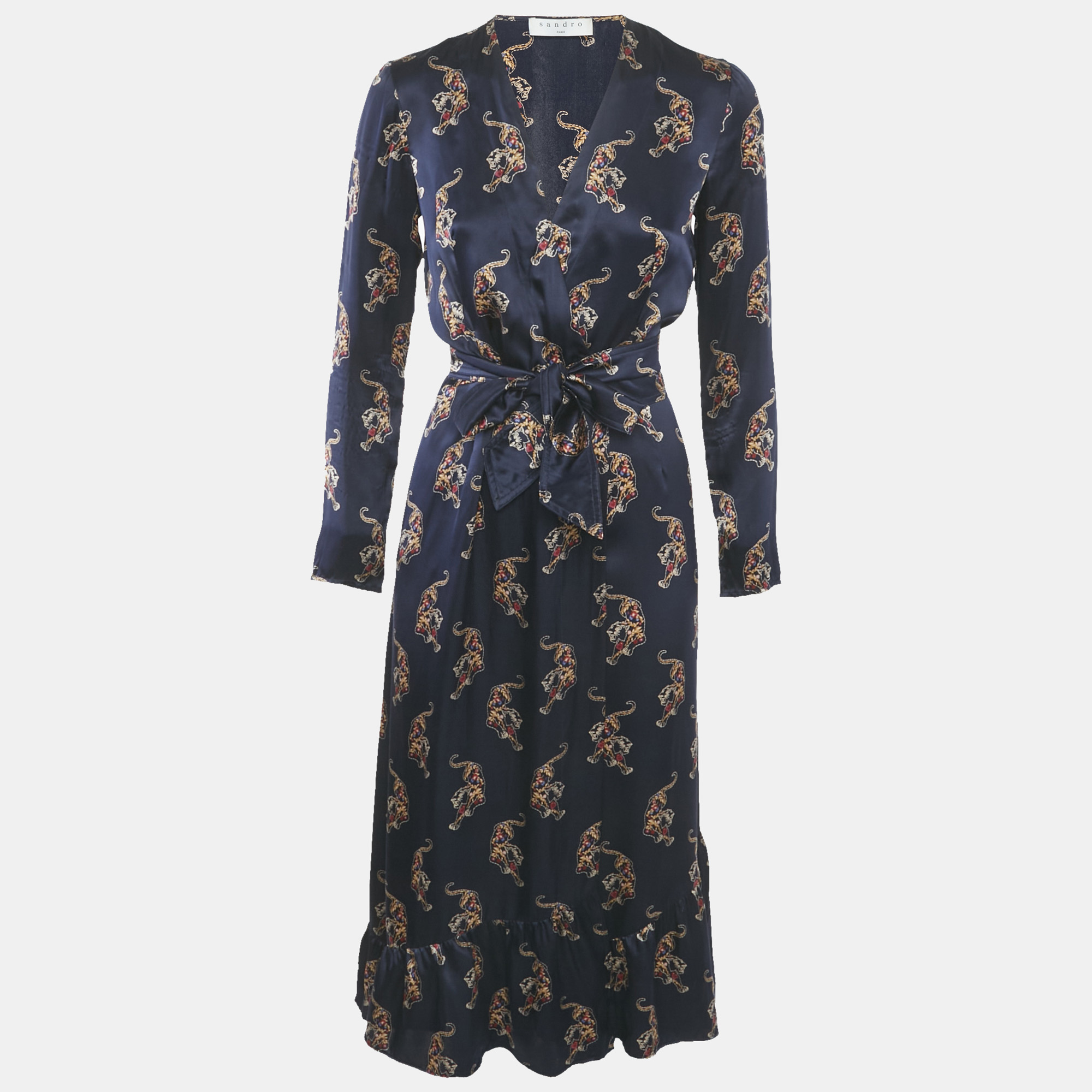 Sandro Navy Blue Oriental Tiger Print Satin Silk Wrap Dress S