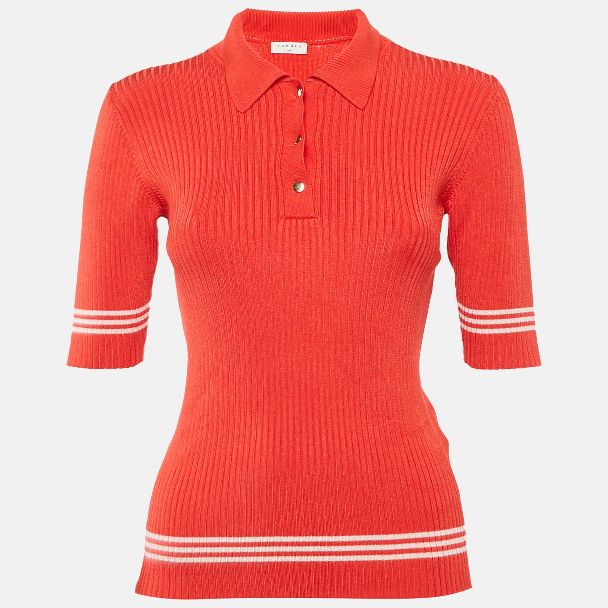 

Sandro Red Rib Knit Short Sleeve Polo Top M
