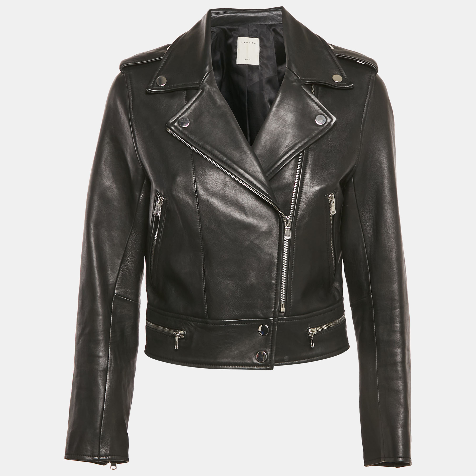 

Sandro Black Leather Zip-Up Biker Jacket M
