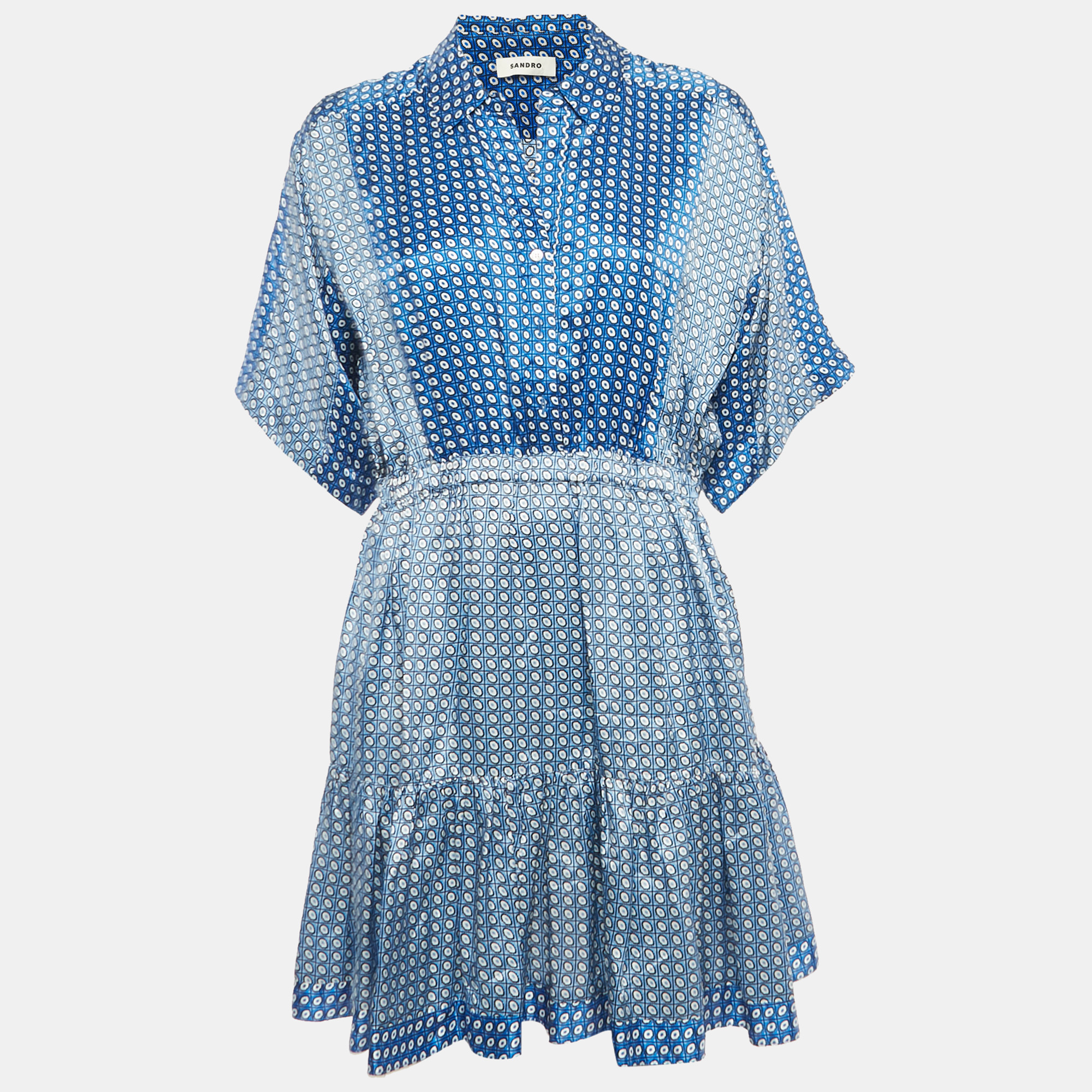 

Sandro Blue Printed Satin Flounce Mini Dress M