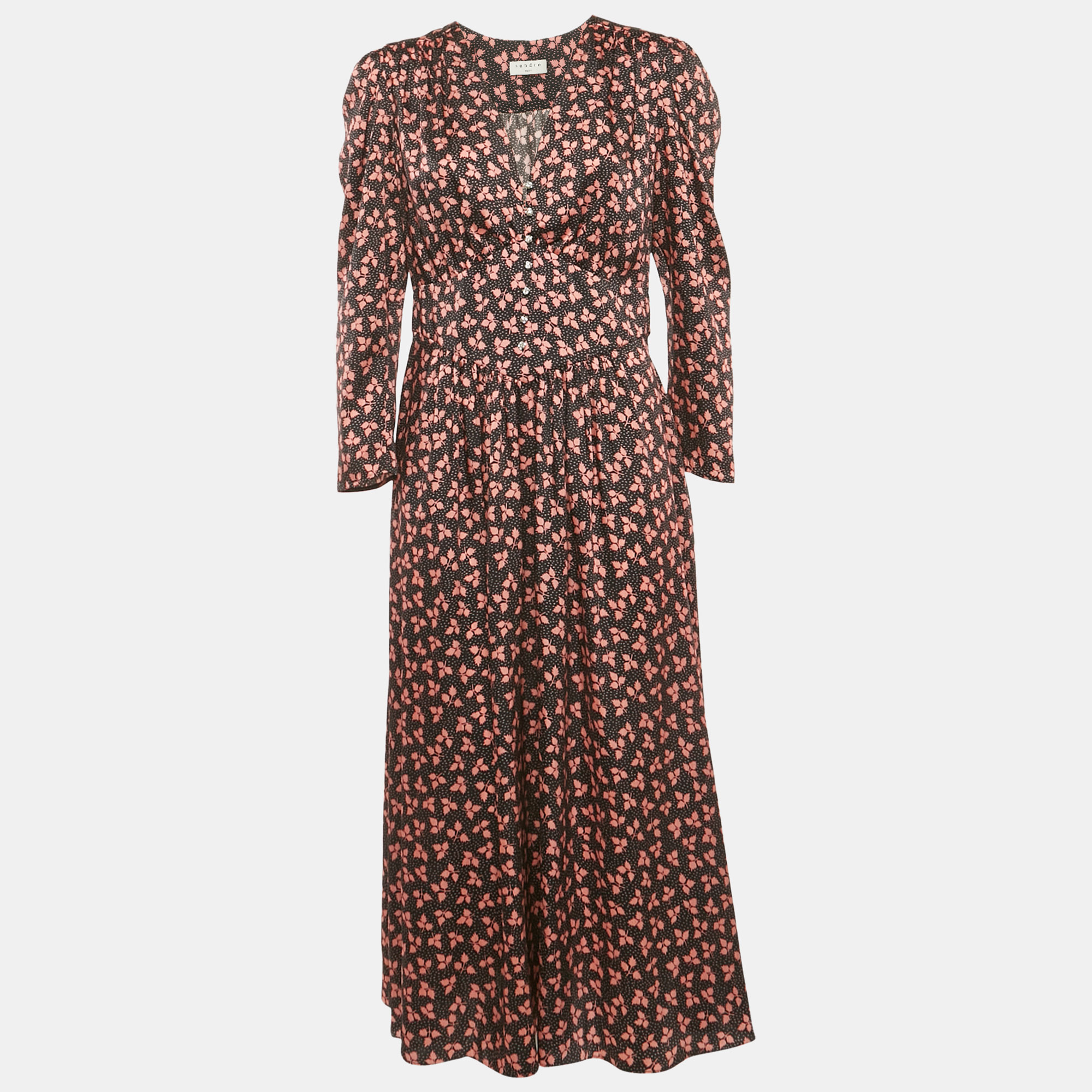 

Sandro Black Leaf Print Satin Button Detail V-Neck Long Dress L