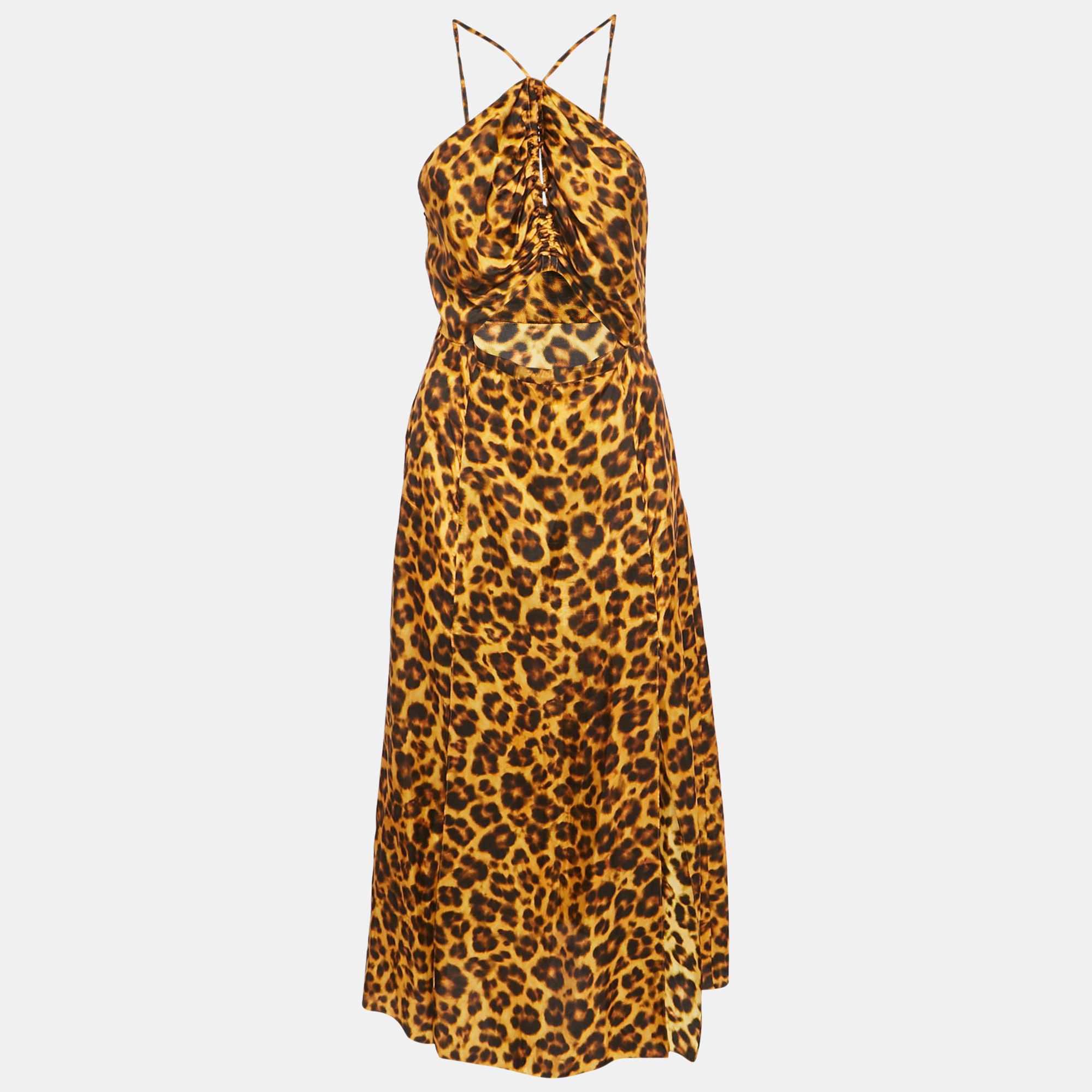 

Sandro Orange Leopard Print Satin Cut-Out Ruched Midi Dress S