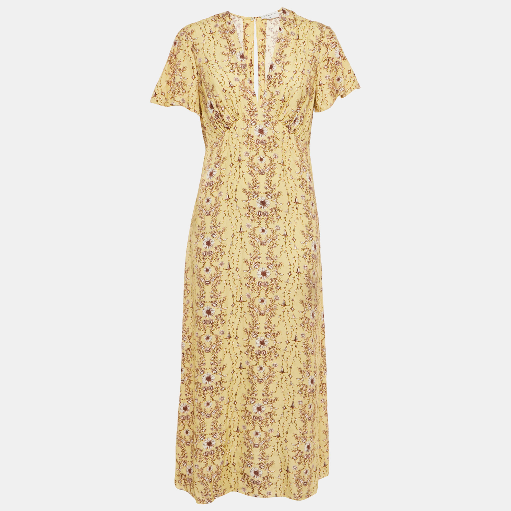 

Sandro Yellow Floral Print Crepe V-Neck Midi Dress S