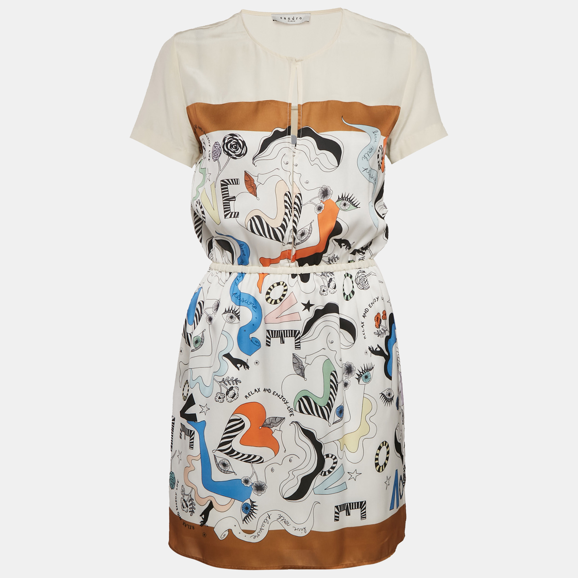 Pre-owned Sandro White Printed Crepe And Silk Trim Mini Dress S