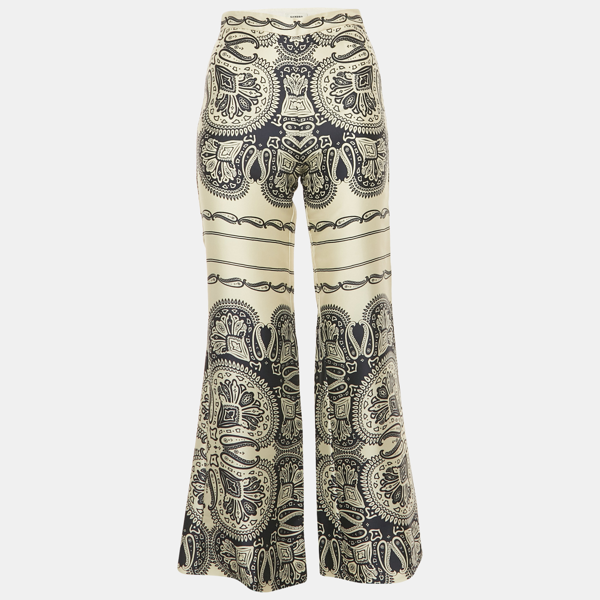 

Sandro Cream/Blue Printed Satin Flared Trousers XS, White