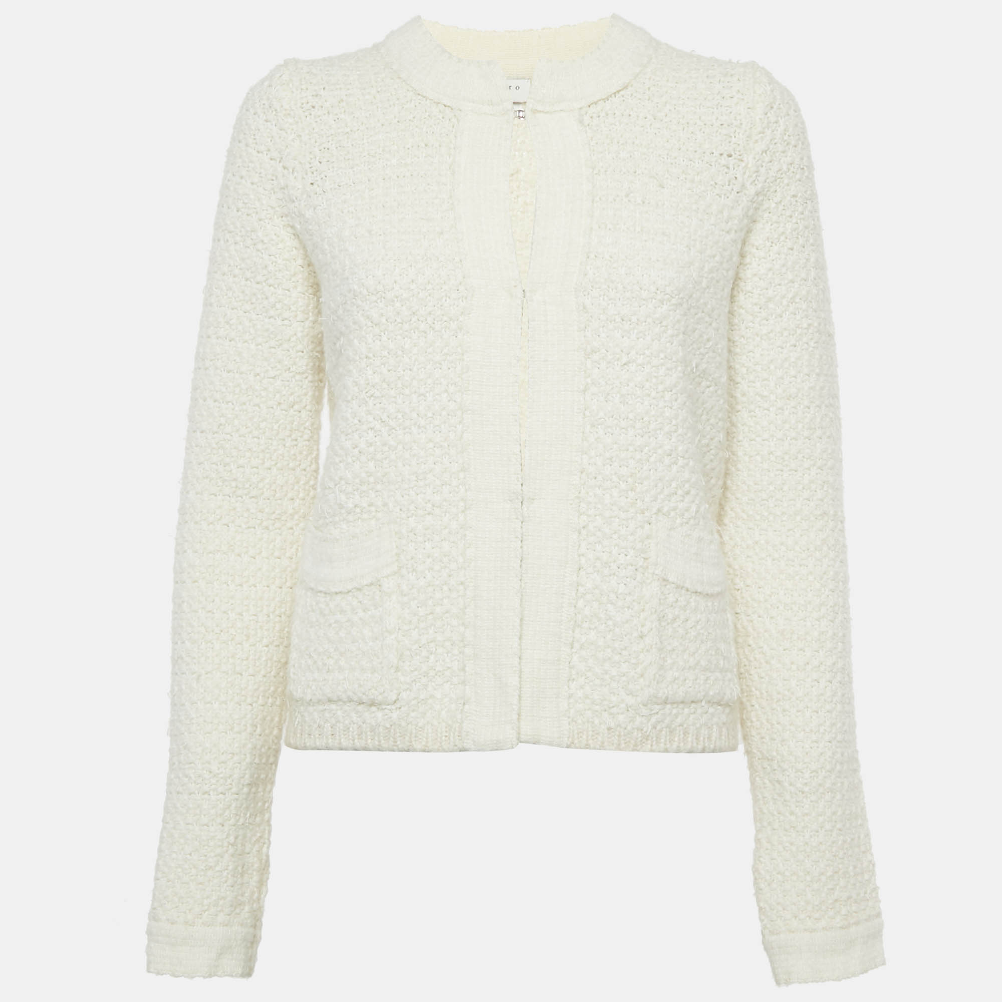 Pre-owned Sandro Off-white Tweed Open Front Cardigan S