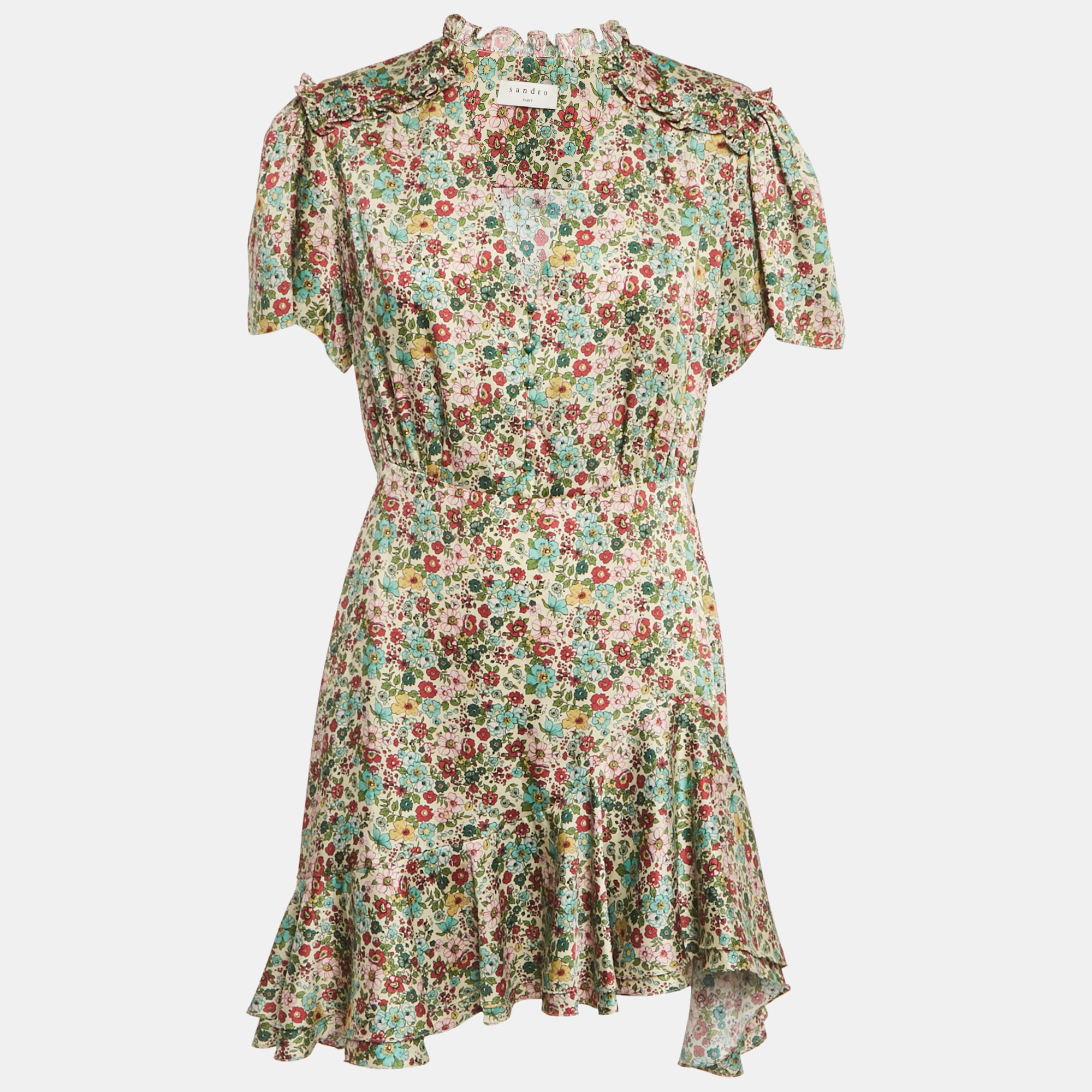 Pre-owned Sandro Cream Floral Print Crepe Ruffled Mini Dress L In White