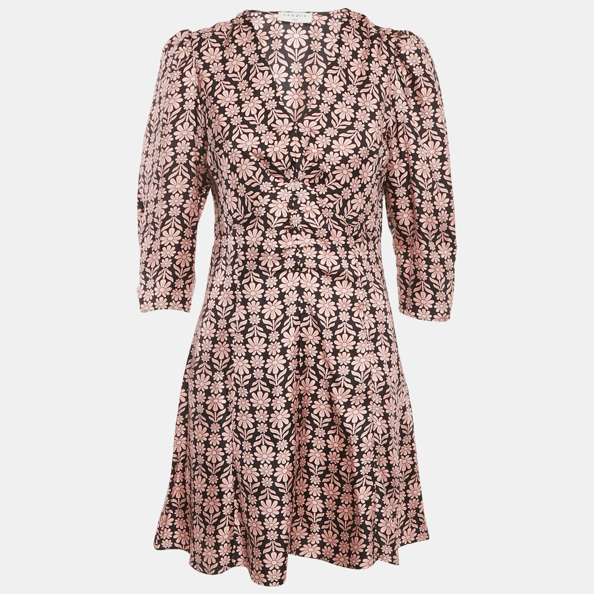 Pre-owned Sandro Pink Floral Printed Silk Mini Dress M