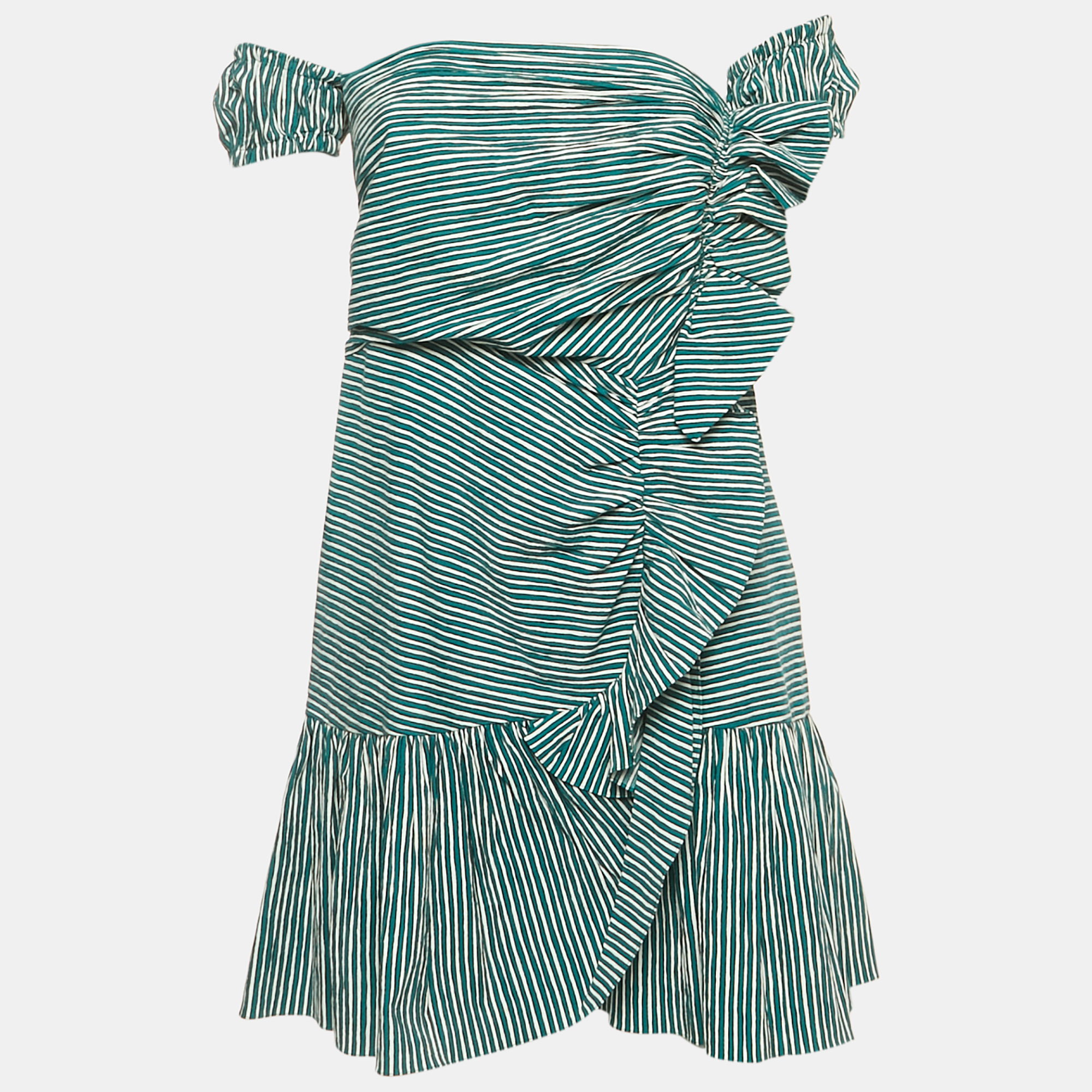 Sandro Teal Blue Striped Crepe Ruffled Mini Dress S