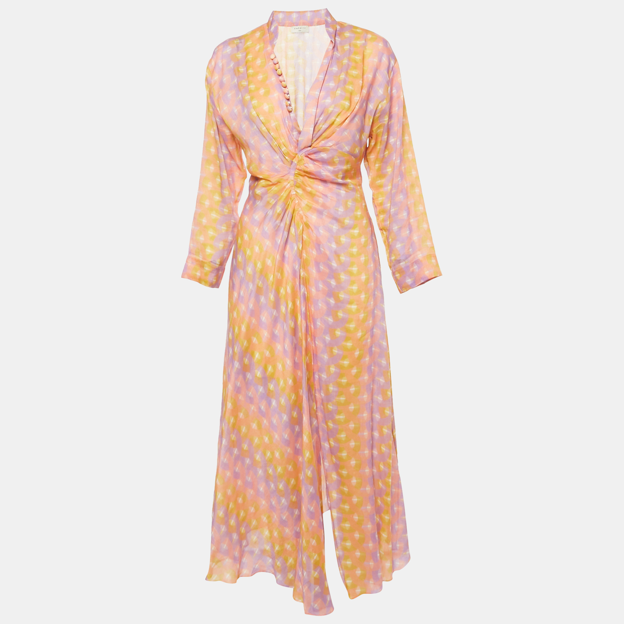 

Sandro Pink Printed Silk Blend Crossover V-Neck Midi Dress M