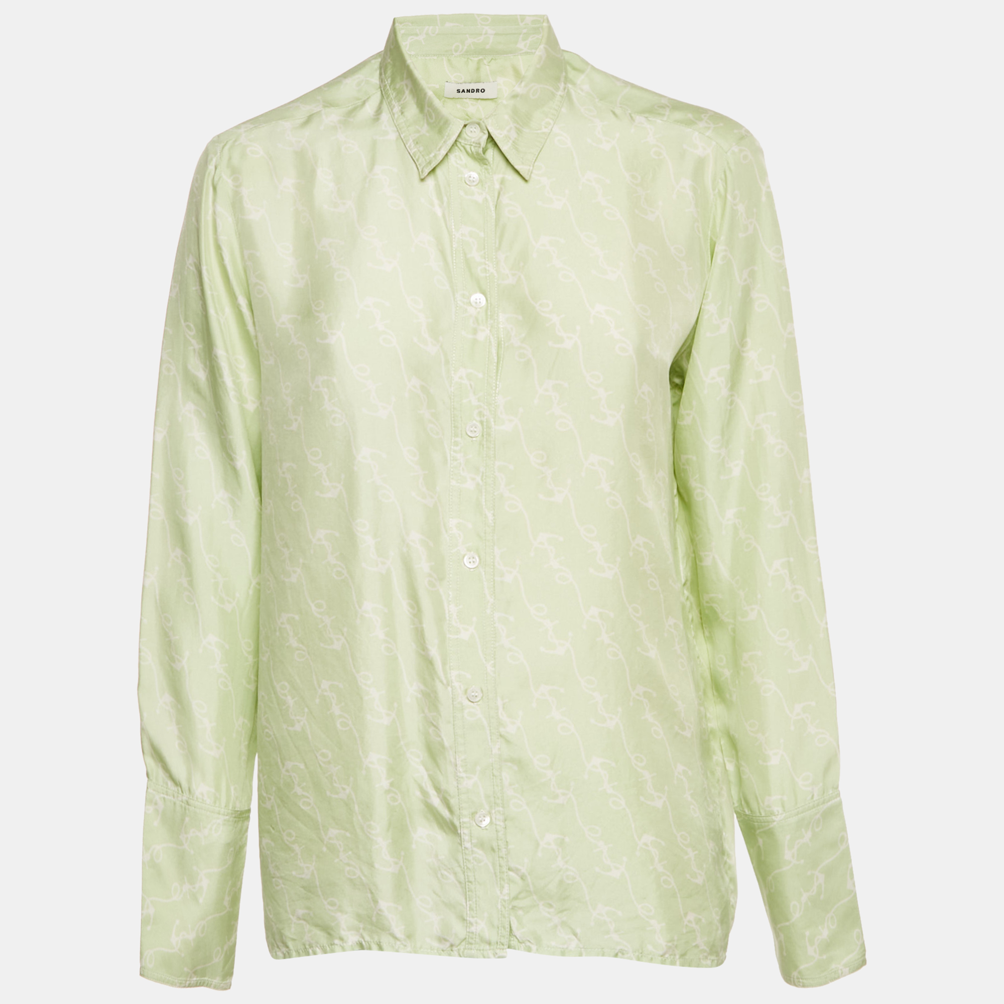 

Sandro Green Anchor Print Silk Long Sleeve Shirt M