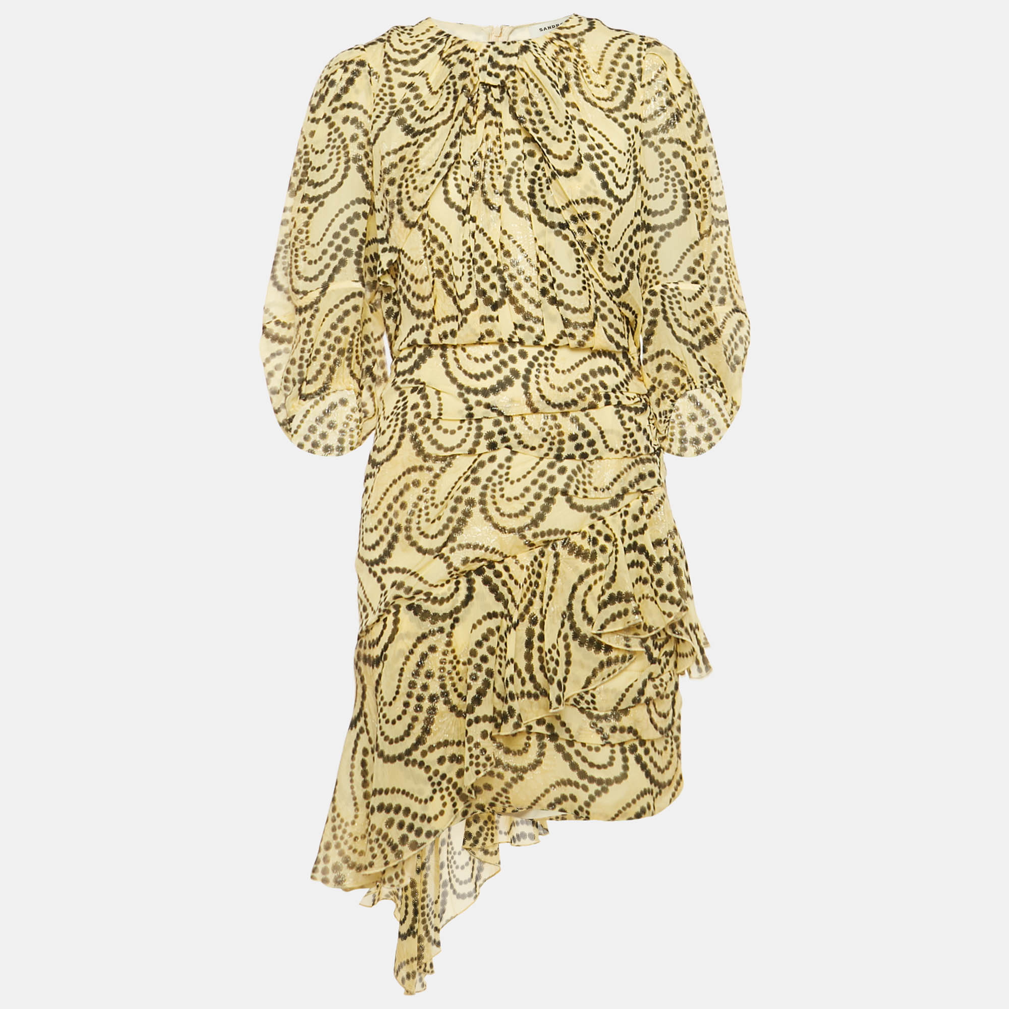 

Sandro Yellow Paisley Print Chiffon Asymmetrical Mini Dress L