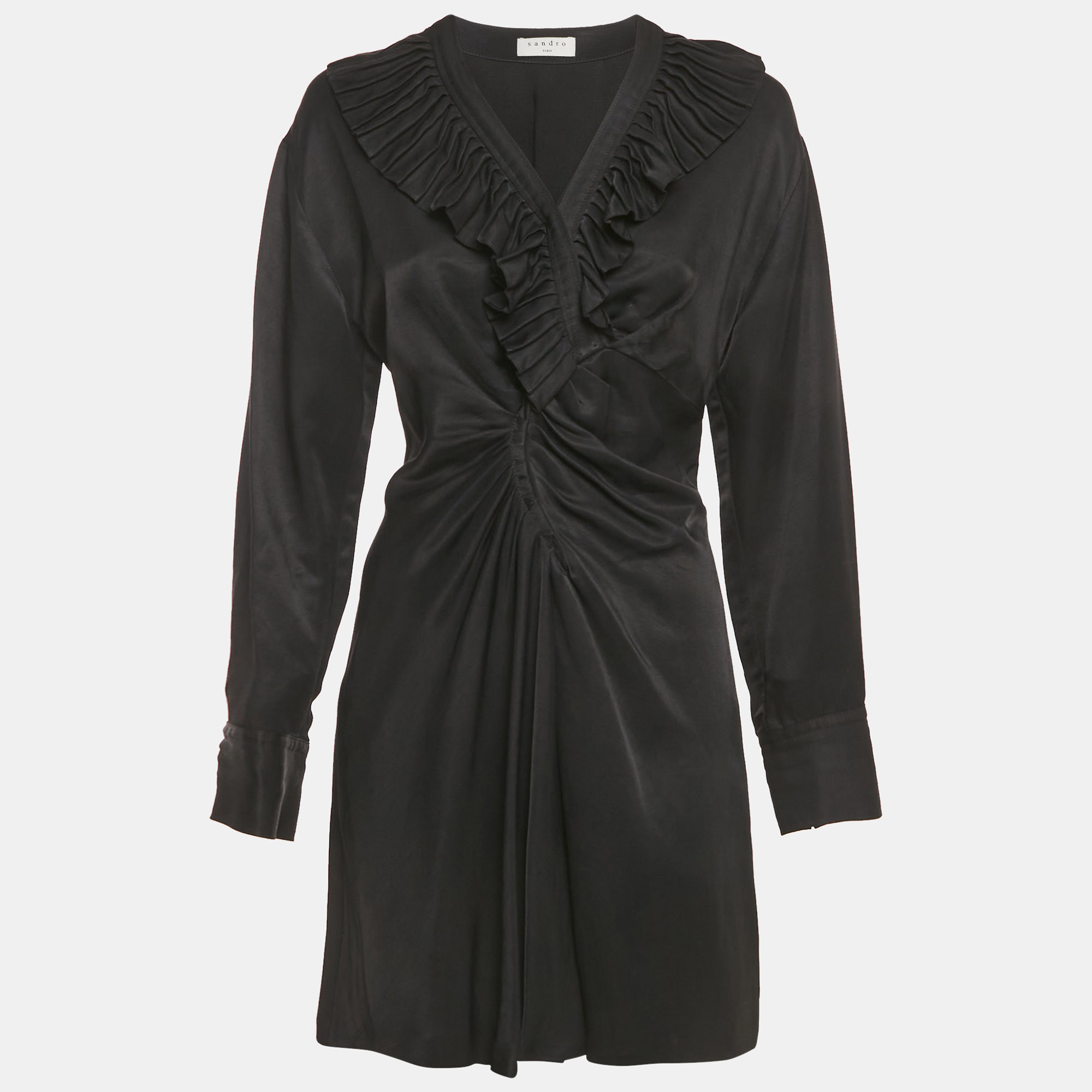 

Sandro Black Gabardine Ruffle Trim Mini Dress S