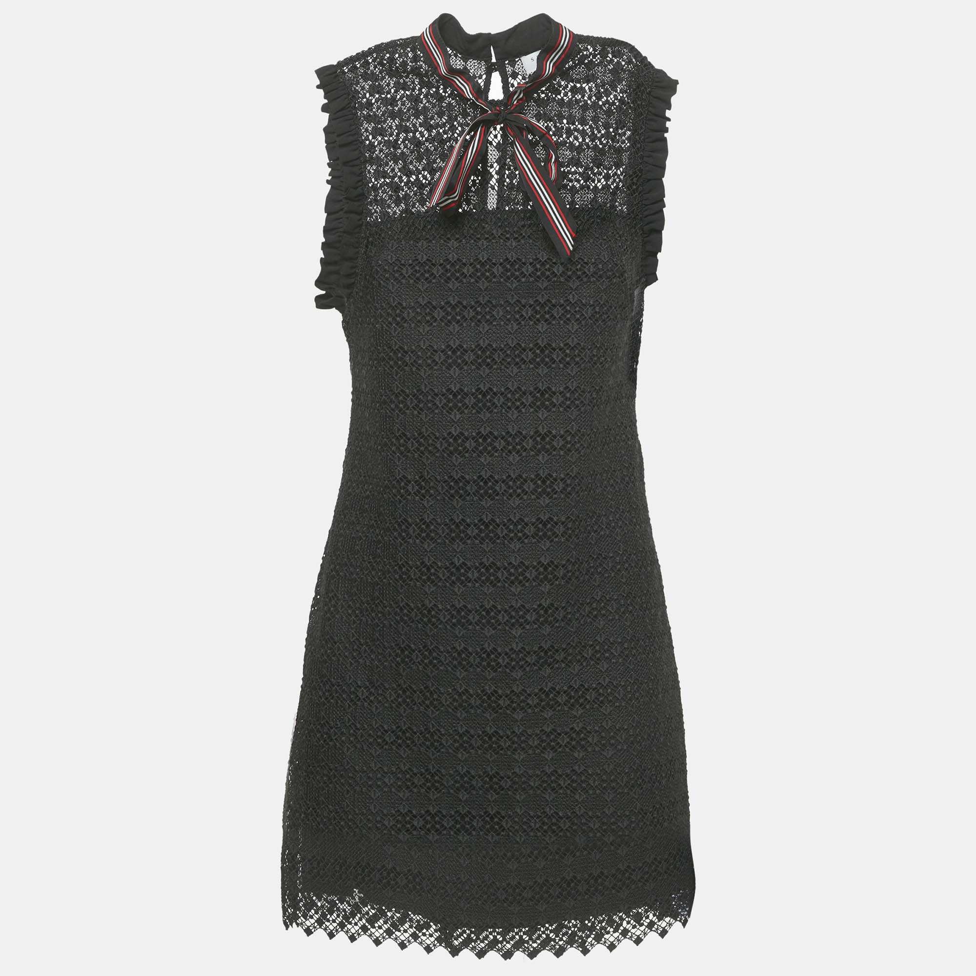 

Sandro Black Lace Ruffled Sleeveless Tie Neck Detail Fidele Mini Dress M