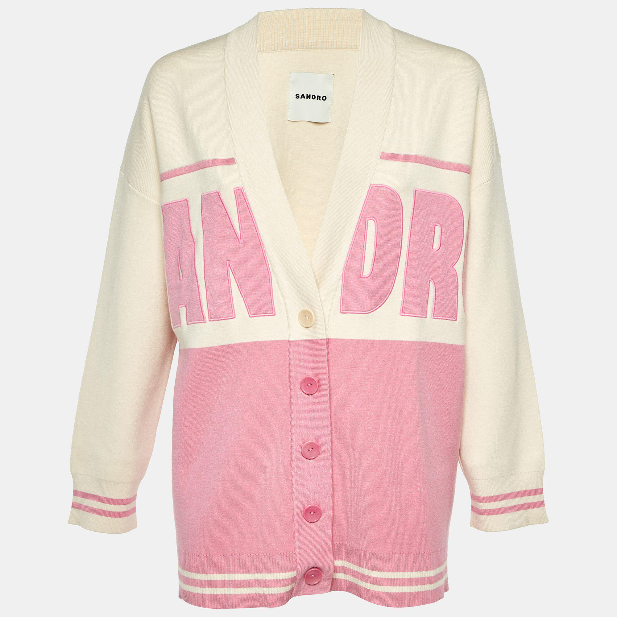 

Sandro Pink & Cream Knit Button Front Cardigan S