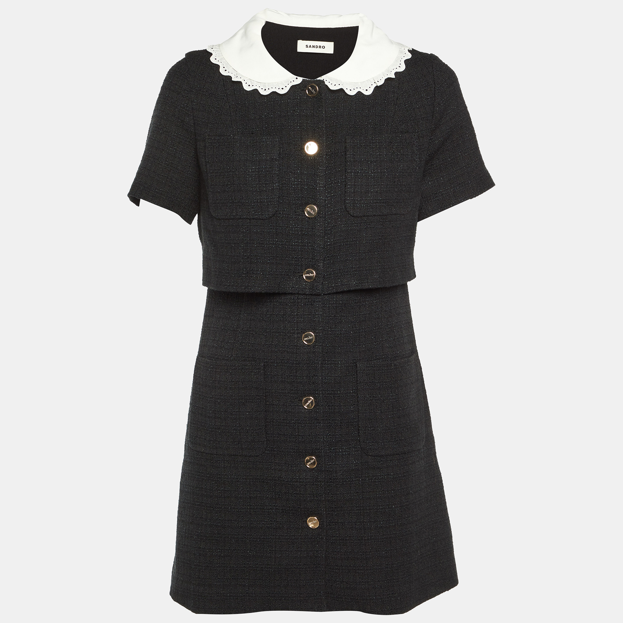 

Sandro Black Tweed Contrast Collar Button Front Mini Dress S