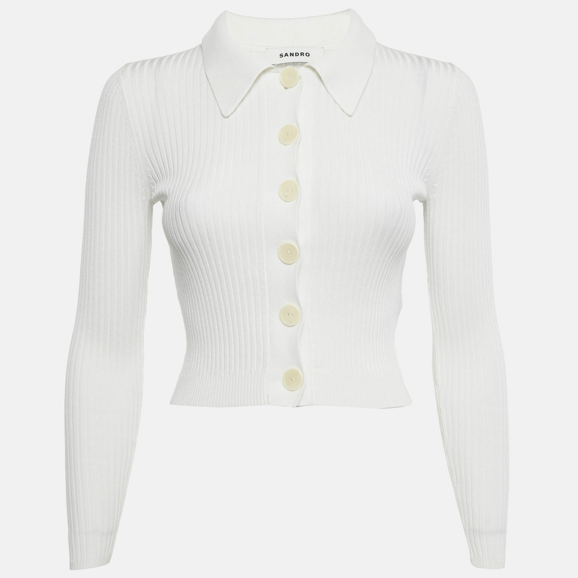 Pre-owned Sandro White Rib Knit Button Front Fitted Top Xs