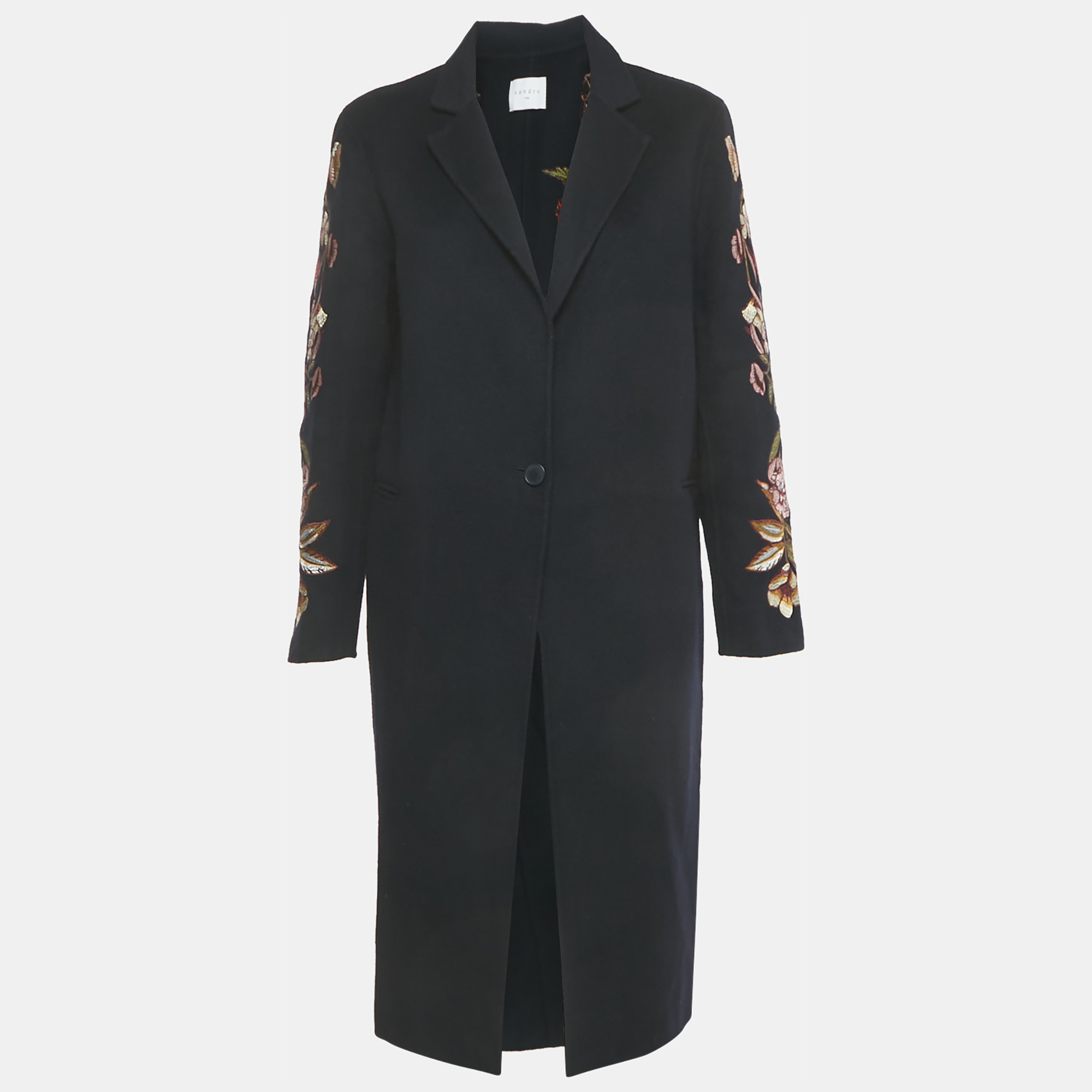 

Sandro Navy Blue Floral Embroidery Wool Long Coat S
