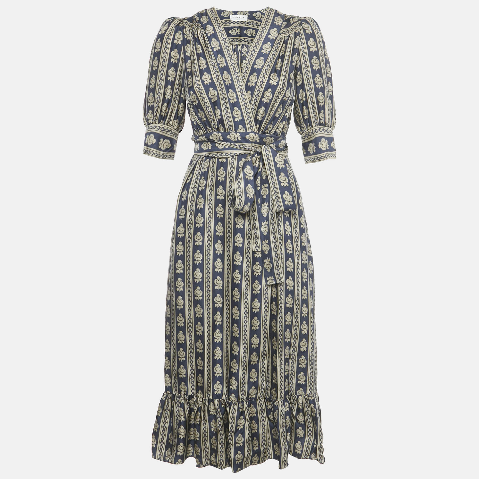 Pre-owned Sandro Navy Blue Printed Silk Wrap Around Midi Dress Xs