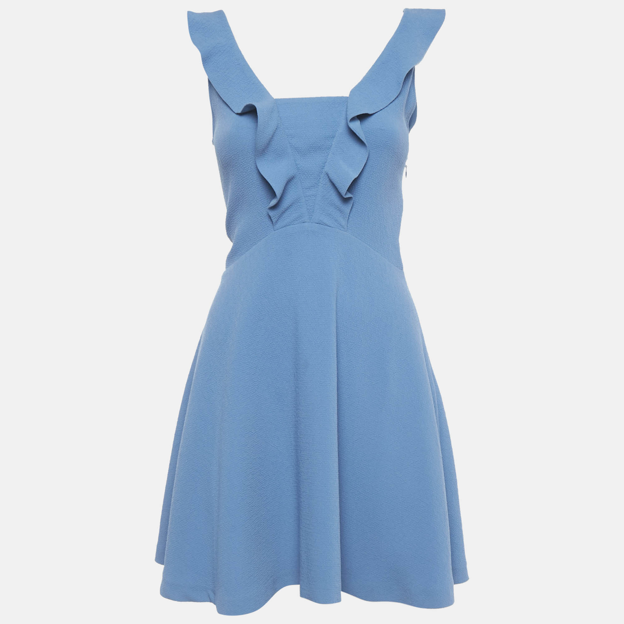 Sandro Blue Crepe Ruffle Detail Mini Dress S