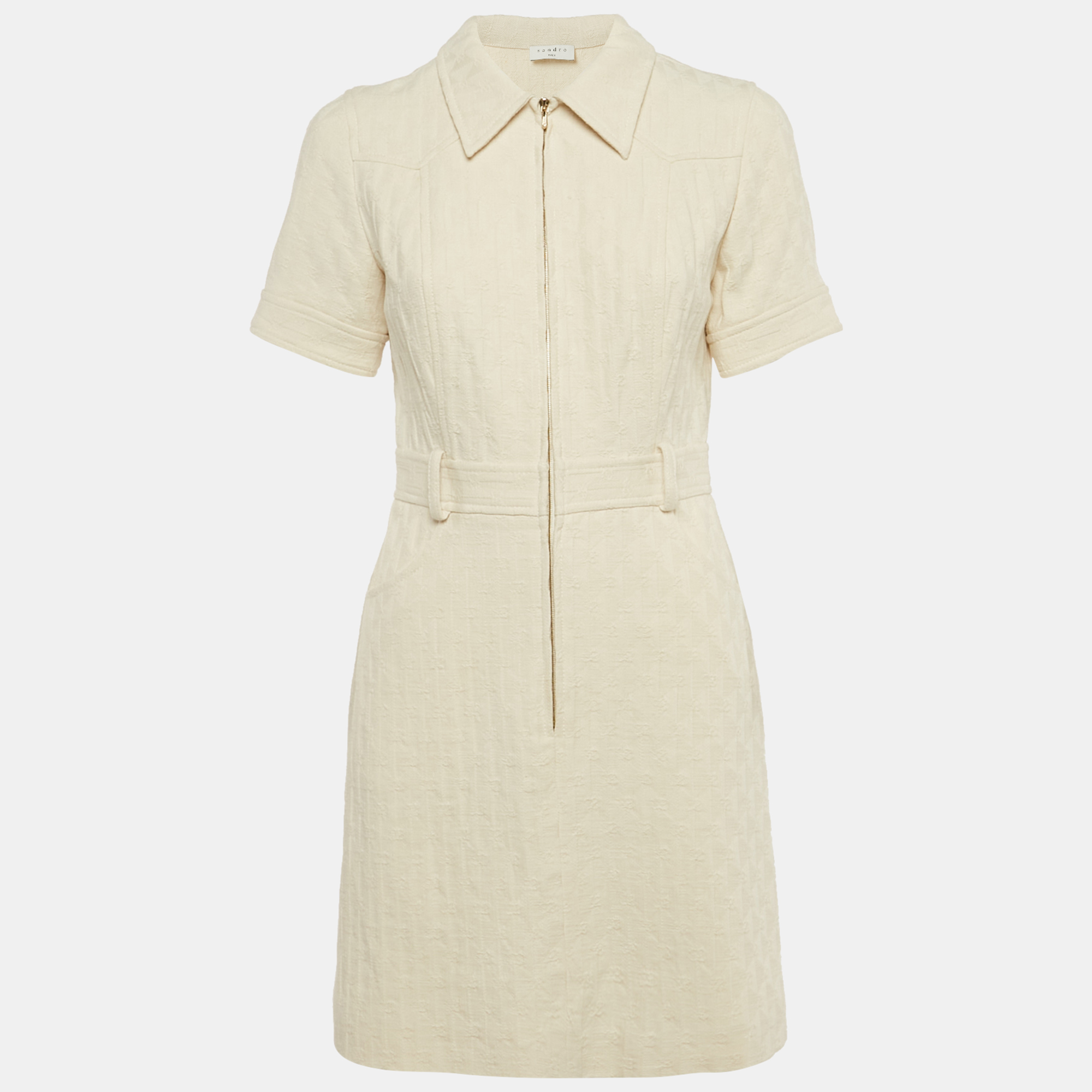 Sandro Beige Jacquard Zip Front Mini Dress M