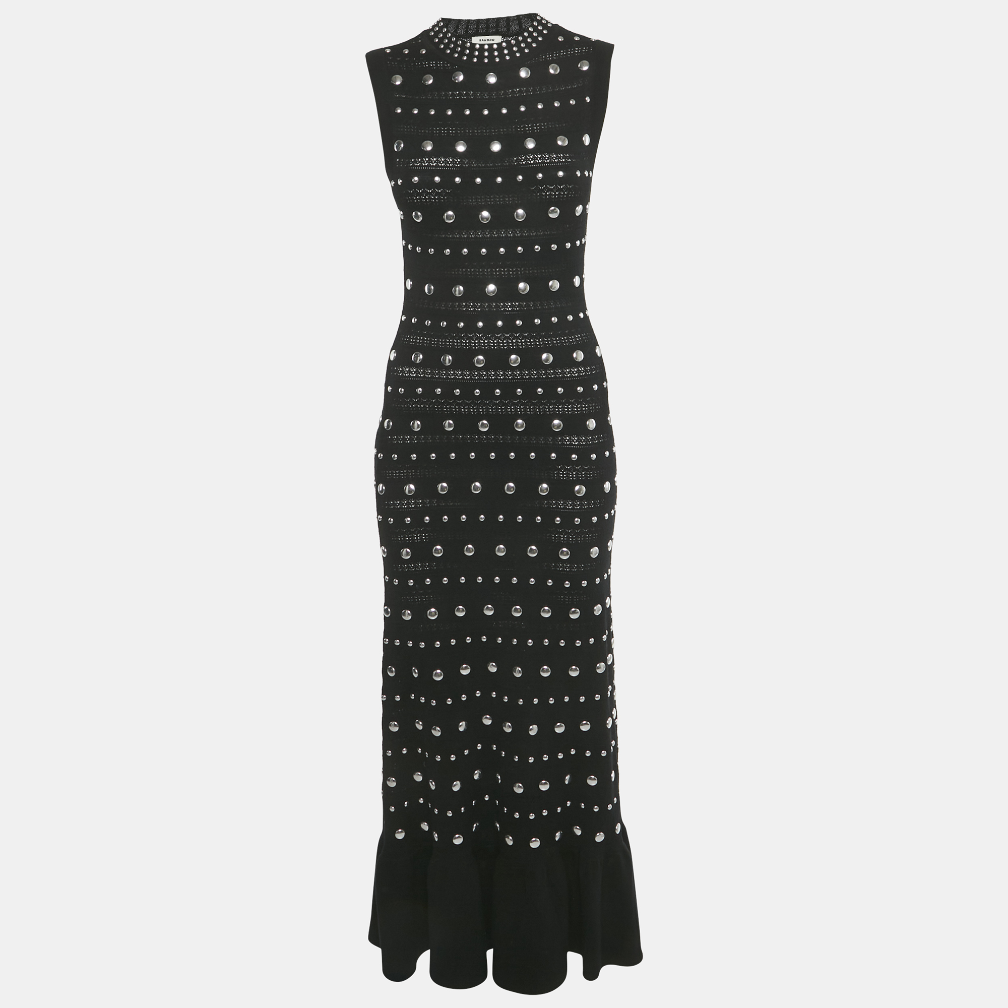 

Sandro Black Stud Detail Patterned Wool Blend Knit Venus Long Dress S