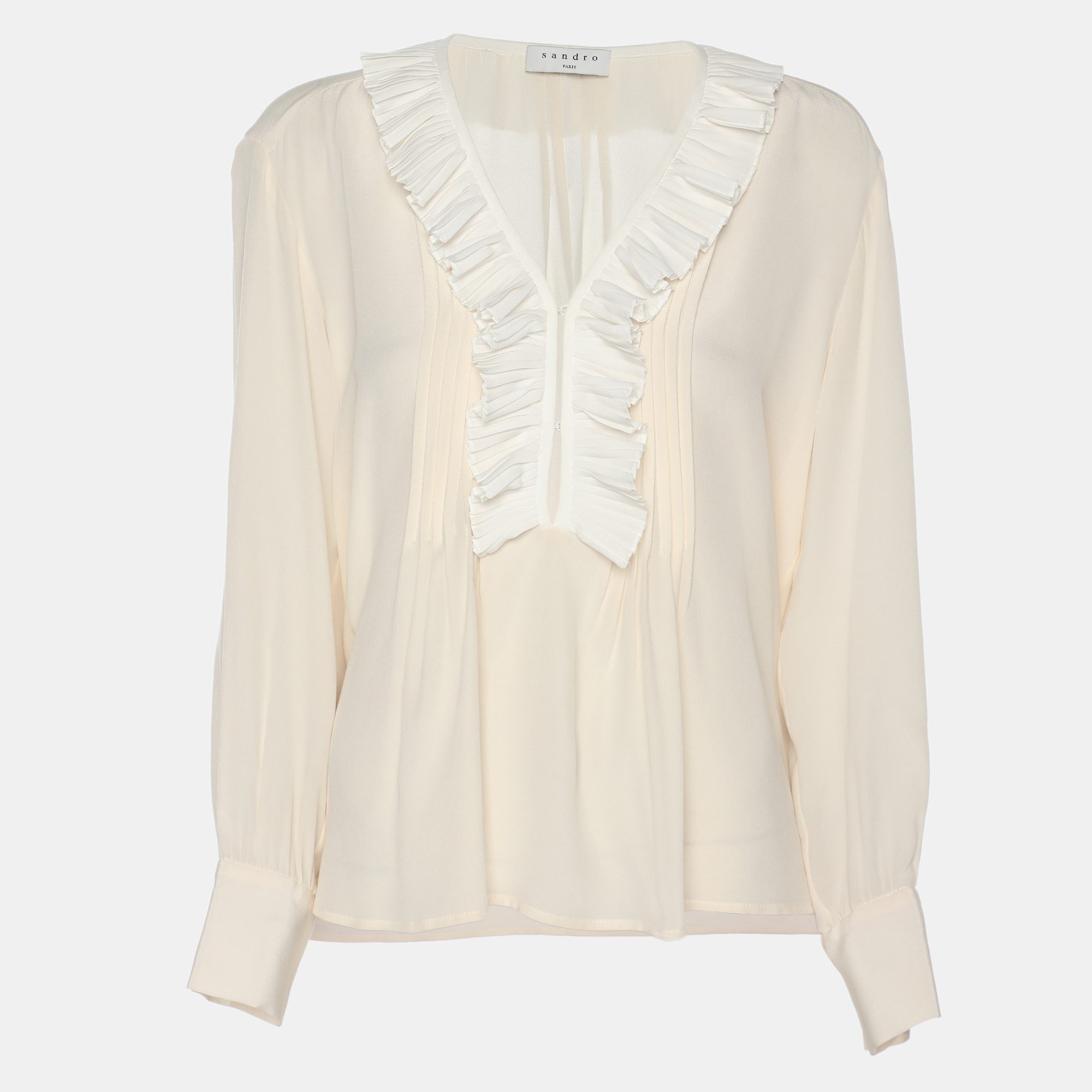 

Sandro Light Beige Crepe Ruffle Trip Long Sleeve Shirt S