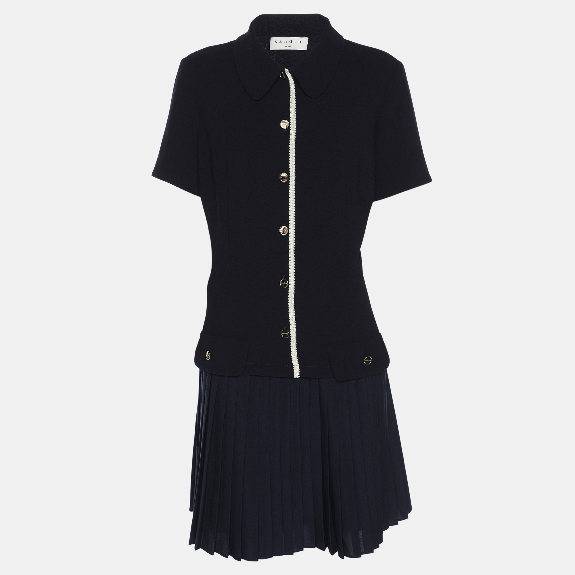 

Sandro Navy Blue Crepe Pleated Polo Dress M
